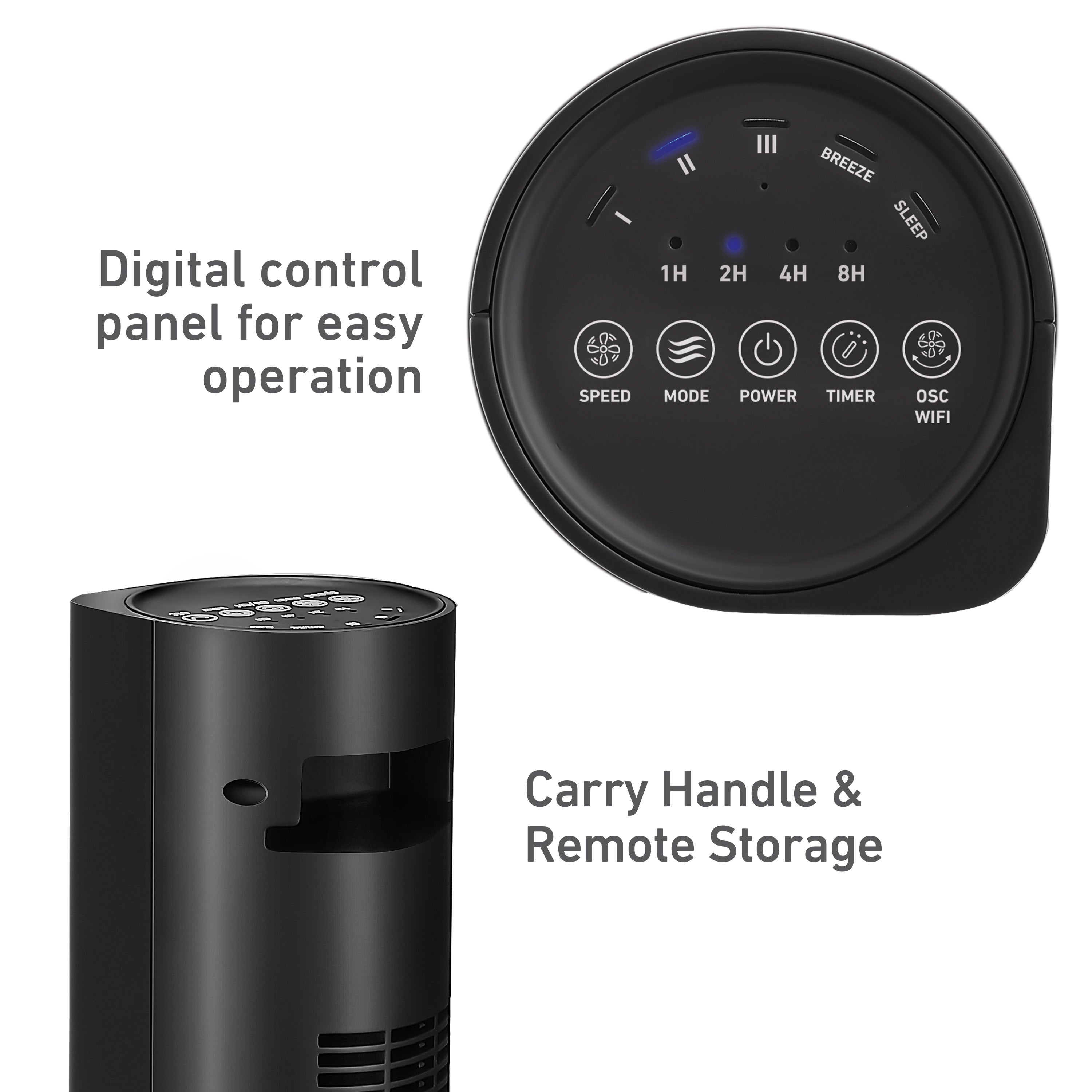 Holmes 36" SmartConnect Wi-Fi Tower Fan, 3 Speeds, Voice Control, Remote, Auto Timer, Black