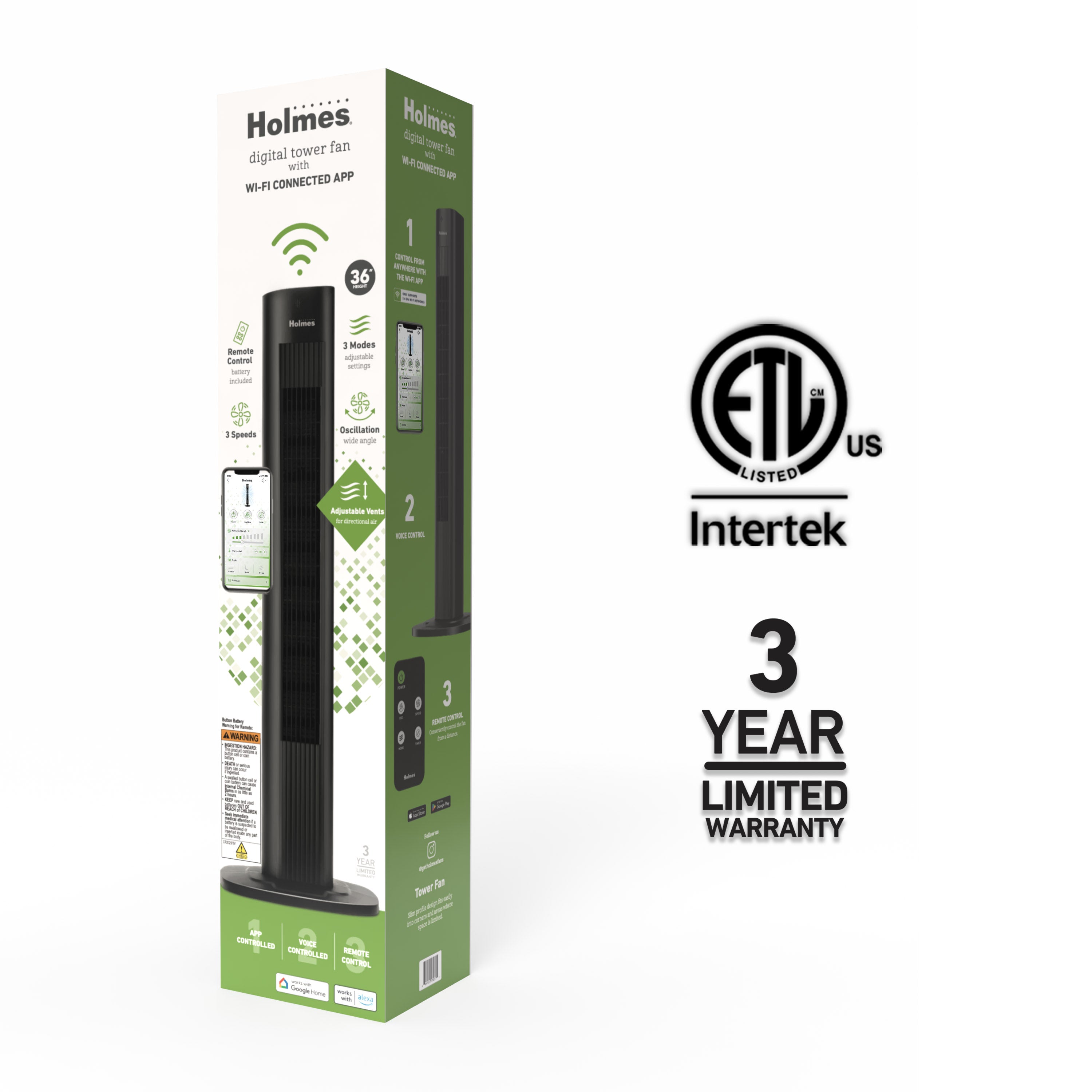 Holmes 36" SmartConnect Wi-Fi Tower Fan, 3 Speeds, Voice Control, Remote, Auto Timer, Black