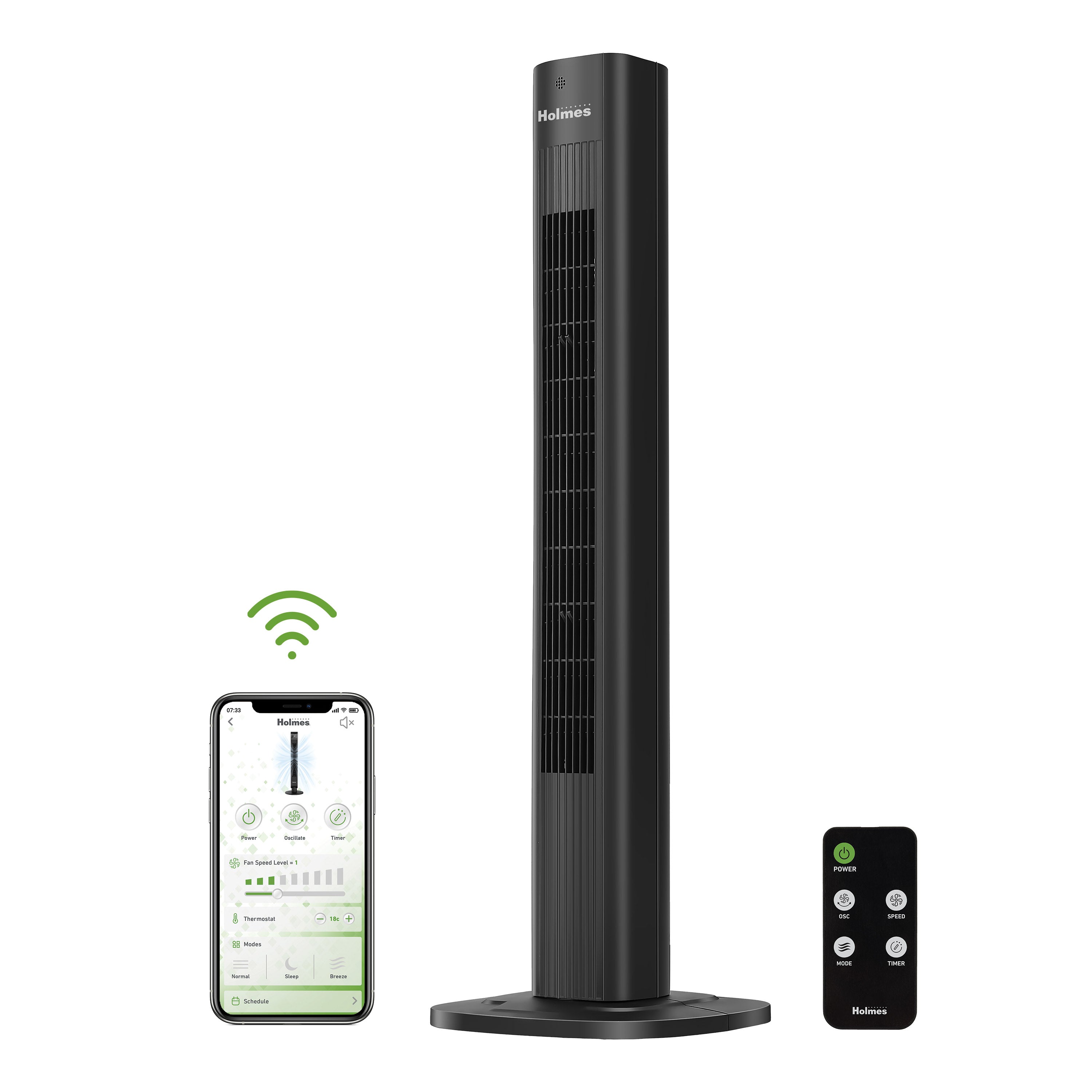 Holmes 36" SmartConnect Wi-Fi Tower Fan, 3 Speeds, Voice Control, Remote, Auto Timer, Black