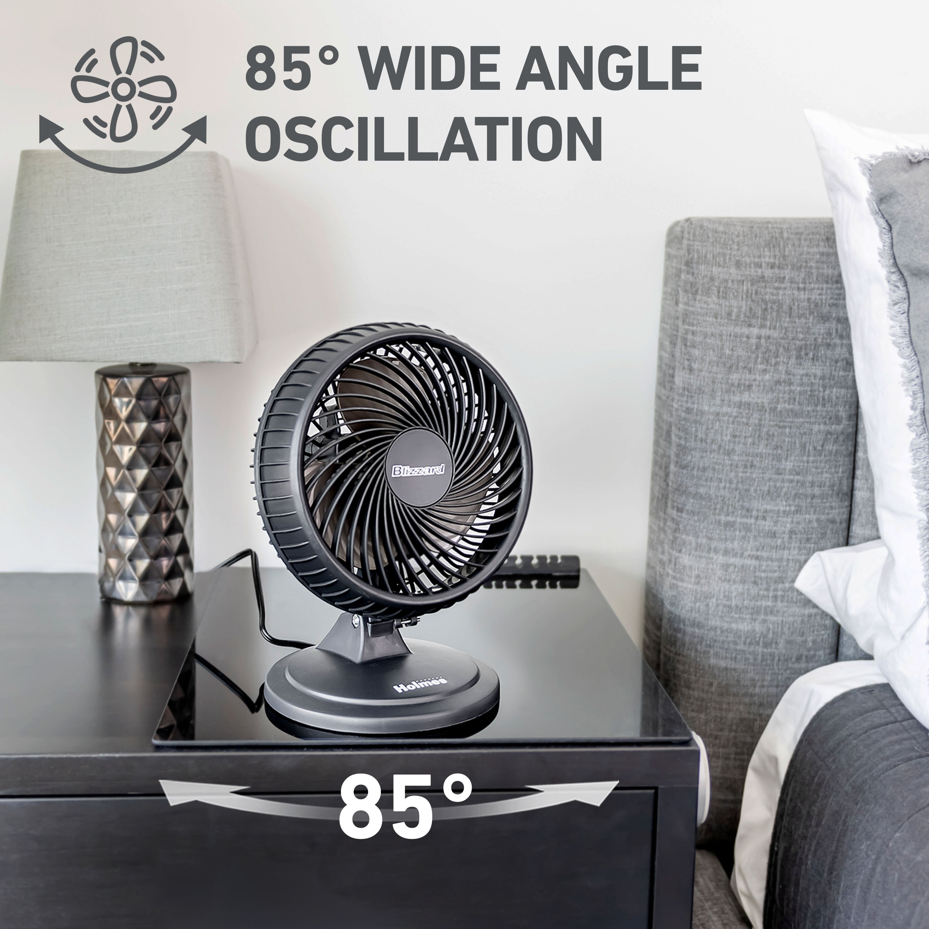 Holmes Blizzard 7" Table Fan, 2 Speeds, 3 Blades, 85° Oscillation, 20° Adjustable Head, Home, Bedroom and Office, Charcoal Matte