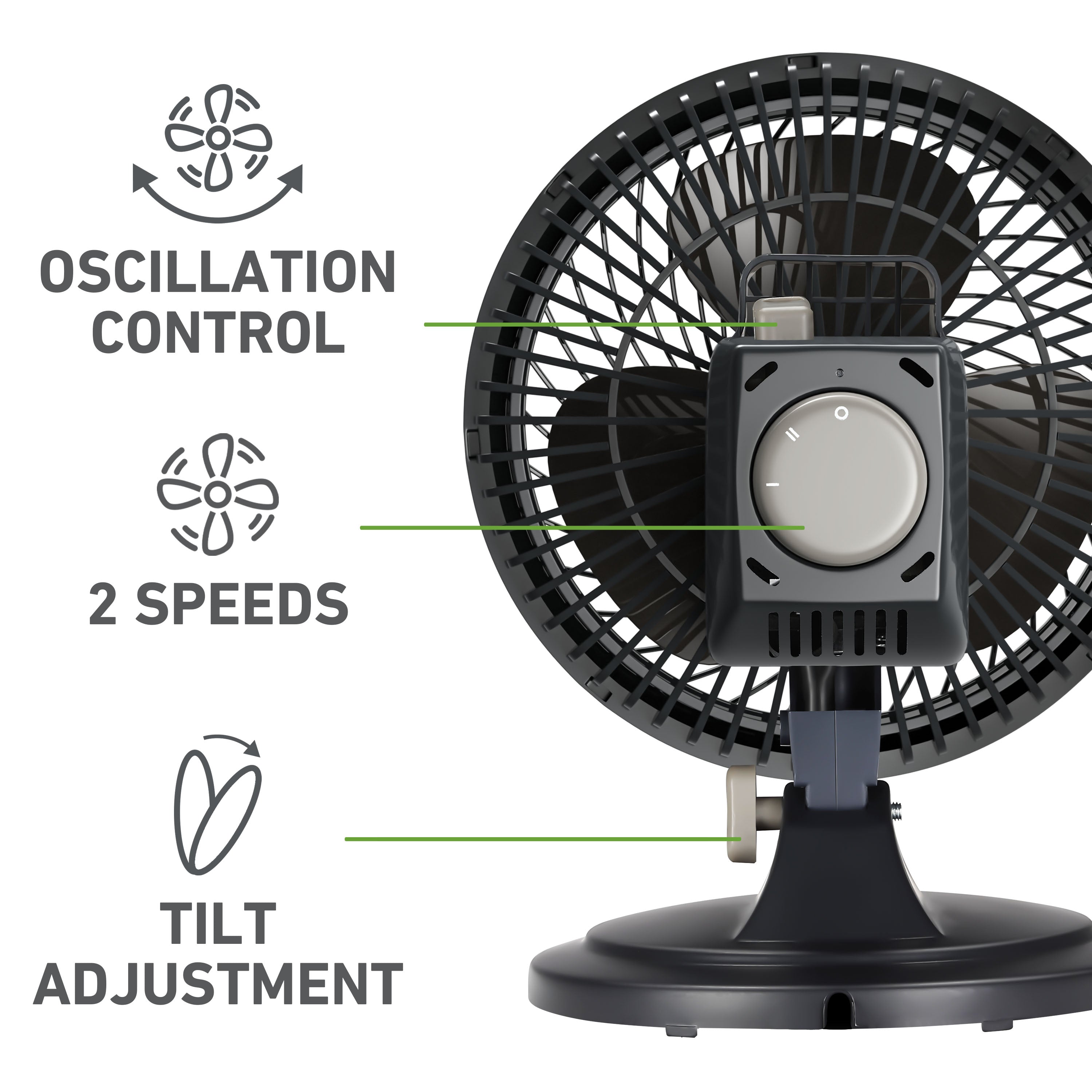 Holmes Blizzard 7" Table Fan, 2 Speeds, 3 Blades, 85° Oscillation, 20° Adjustable Head, Home, Bedroom and Office, Charcoal Matte