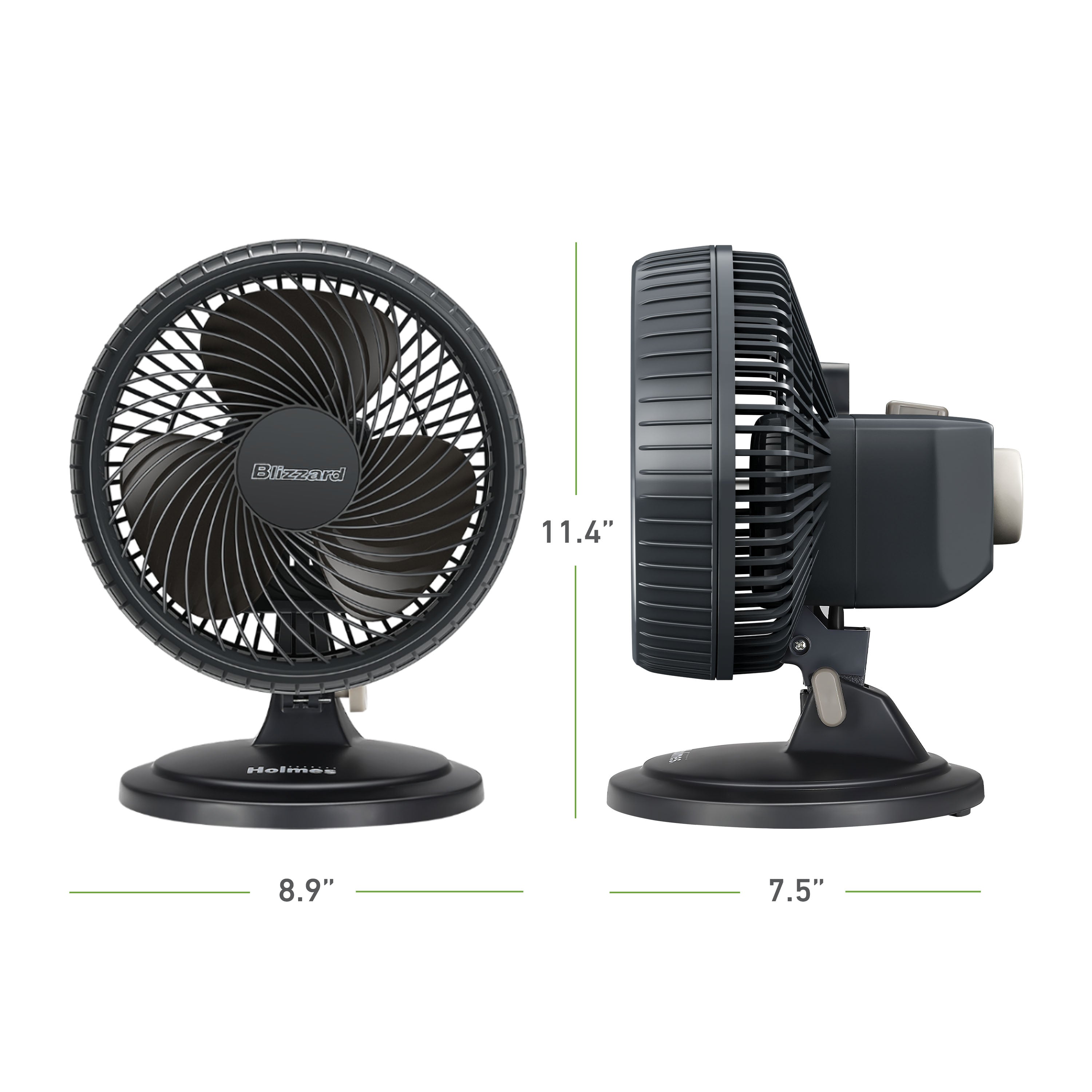 Holmes Blizzard 7" Table Fan, 2 Speeds, 3 Blades, 85° Oscillation, 20° Adjustable Head, Home, Bedroom and Office, Charcoal Matte