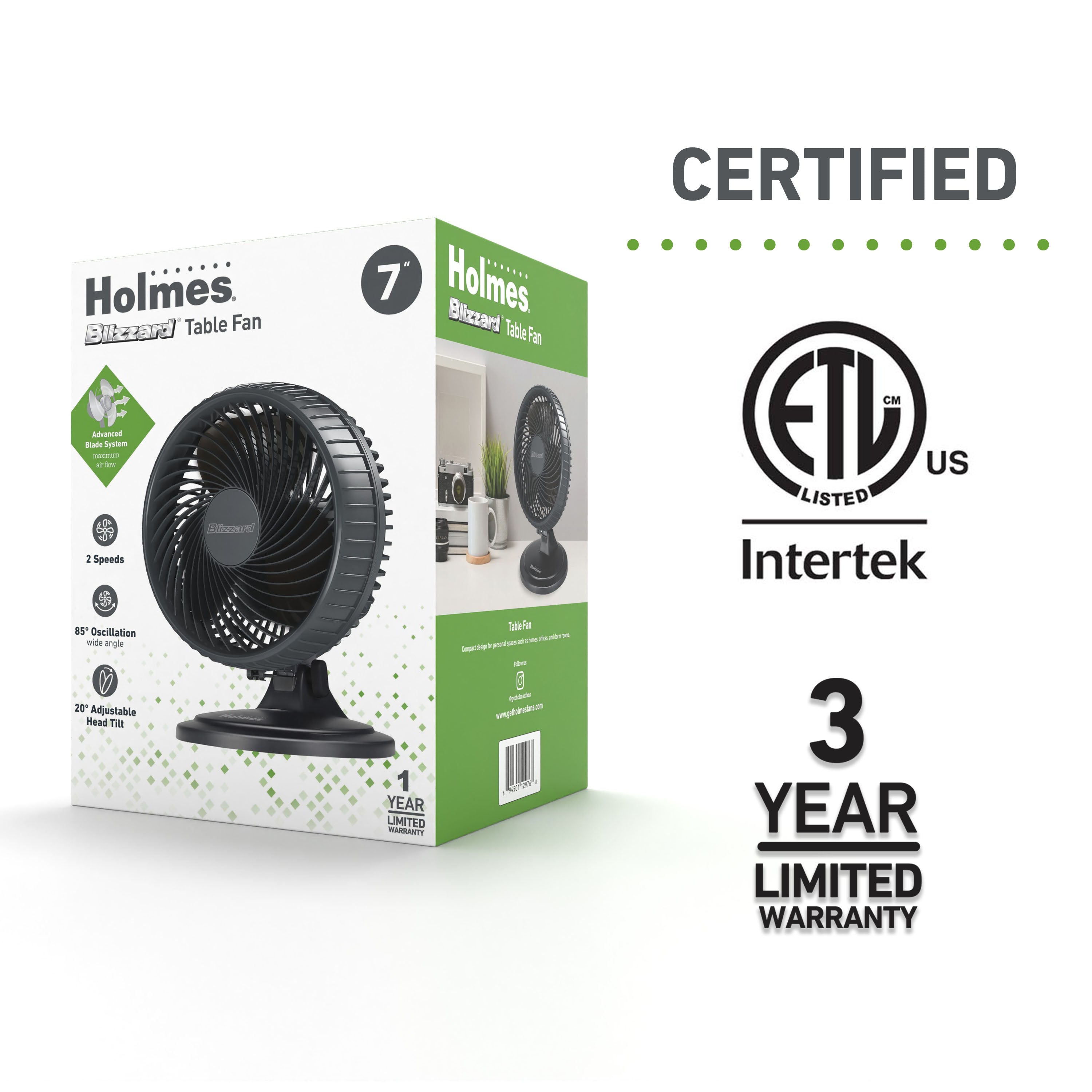 Holmes Blizzard 7" Table Fan, 2 Speeds, 3 Blades, 85° Oscillation, 20° Adjustable Head, Home, Bedroom and Office, Charcoal Matte