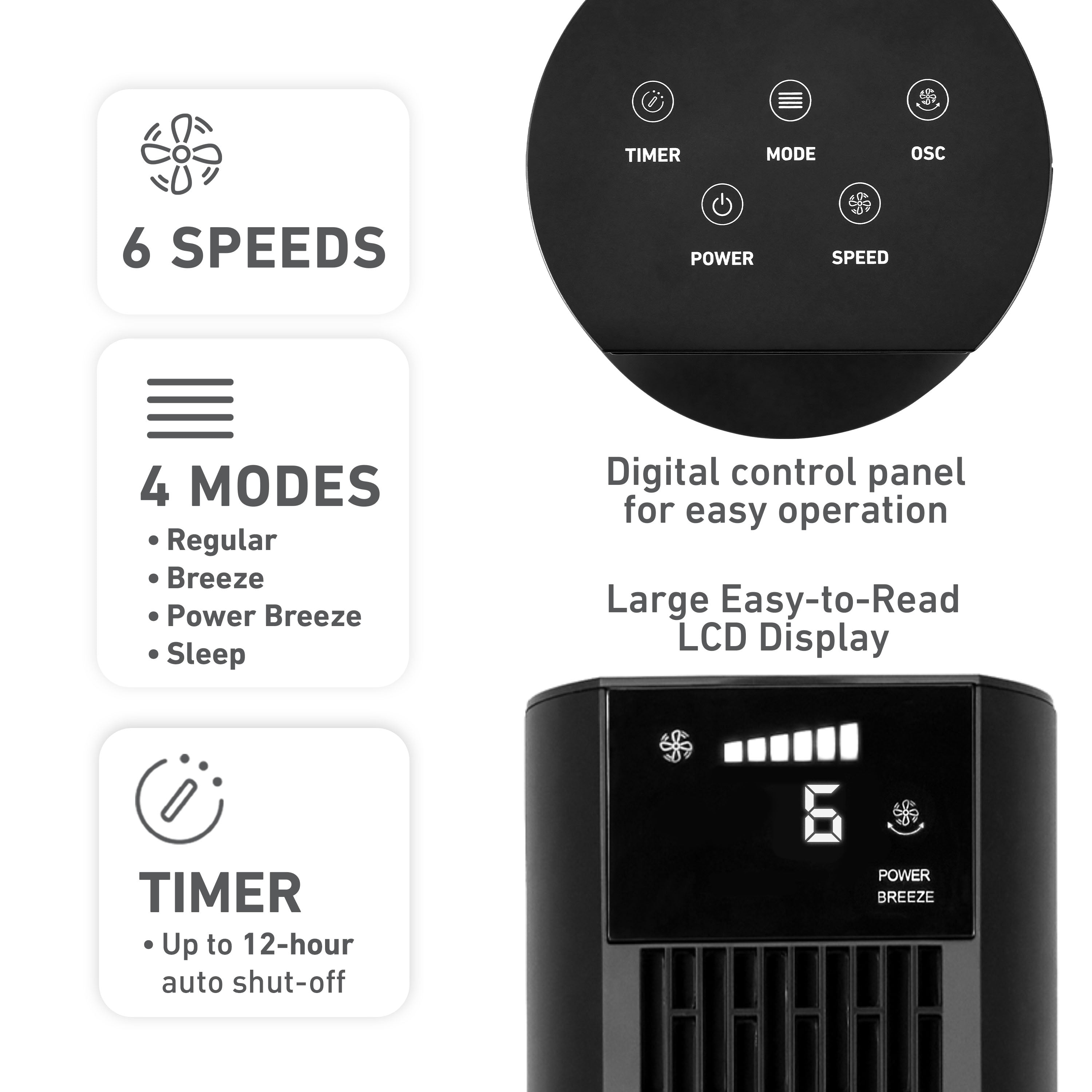 Holmes 36" Digital CleanBreeze Tower Fan with Remote 6 Speeds 75° Oscillation Black