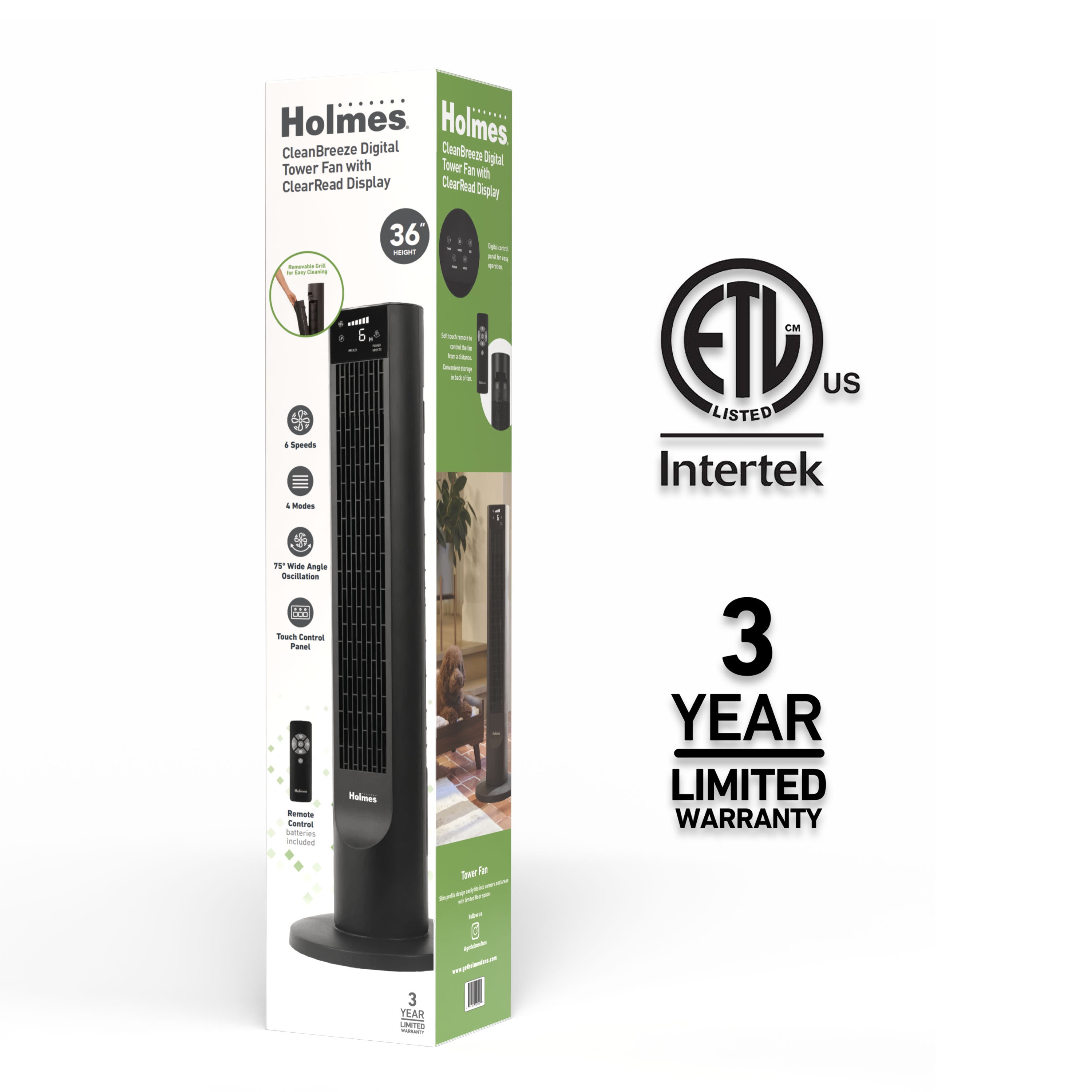 Holmes 36" Digital CleanBreeze Tower Fan with Remote 6 Speeds 75° Oscillation Black