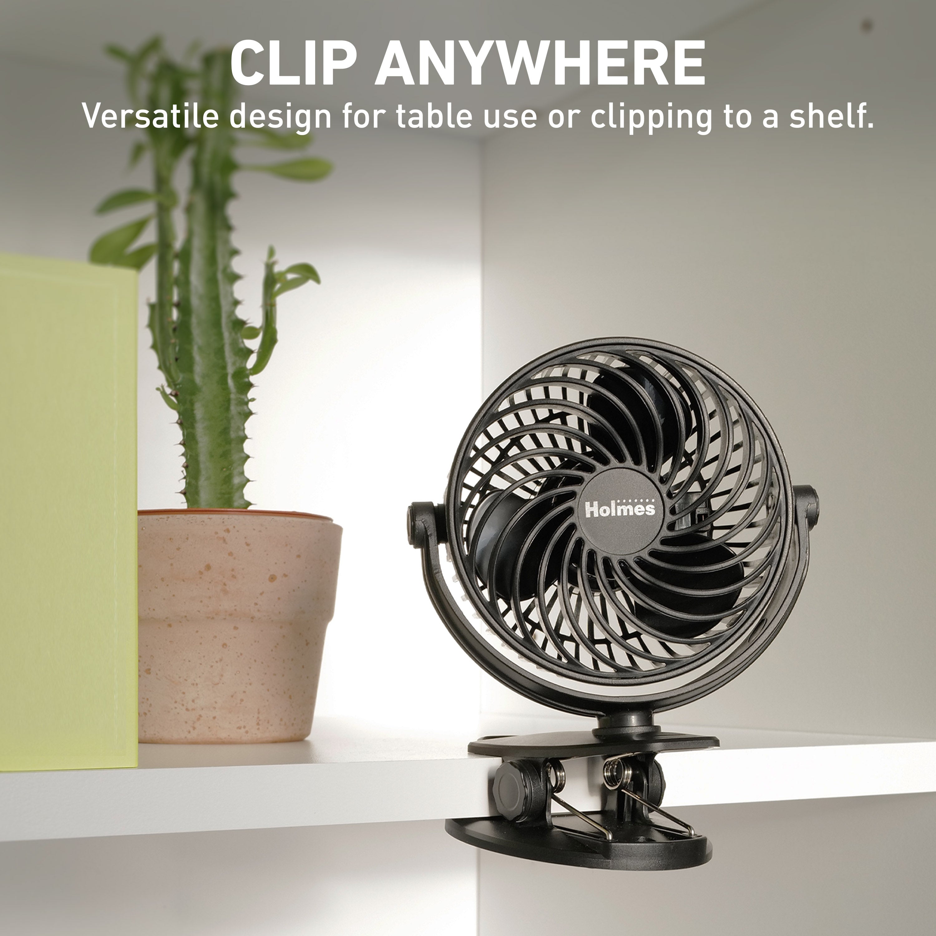 Holmes 4” Rechargeable Clip Fan, 360° Tilt, Strong Airflow, USB, Long Battery, Black