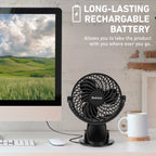 Holmes 4” Rechargeable Clip Fan, 360° Tilt, Strong Airflow, USB, Long Battery, Black