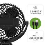 Holmes 4” Rechargeable Clip Fan, 360° Tilt, Strong Airflow, USB, Long Battery, Black