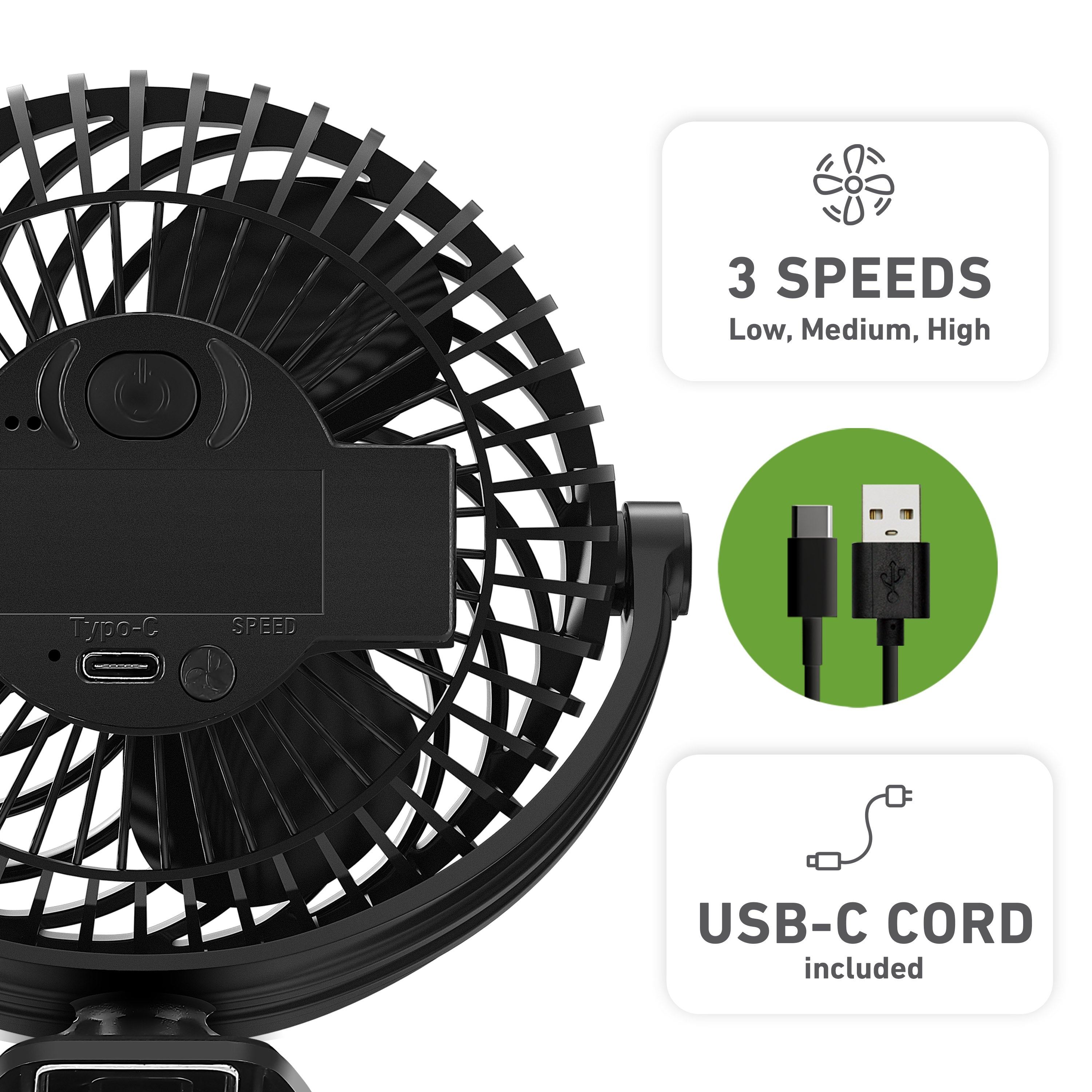 Holmes 4” Rechargeable Clip Fan, 360° Tilt, Strong Airflow, USB, Long Battery, Black