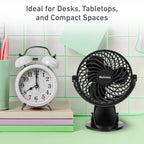 Holmes 4” Rechargeable Clip Fan, 360° Tilt, Strong Airflow, USB, Long Battery, Black