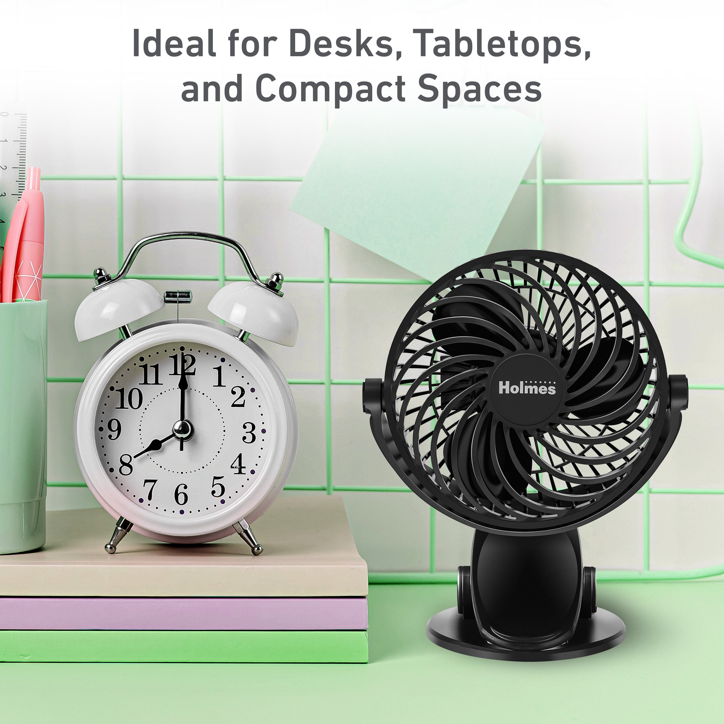 Holmes 4” Rechargeable Clip Fan, 360° Tilt, Strong Airflow, USB, Long Battery, Black
