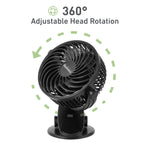 Holmes 4” Rechargeable Clip Fan, 360° Tilt, Strong Airflow, USB, Long Battery, Black