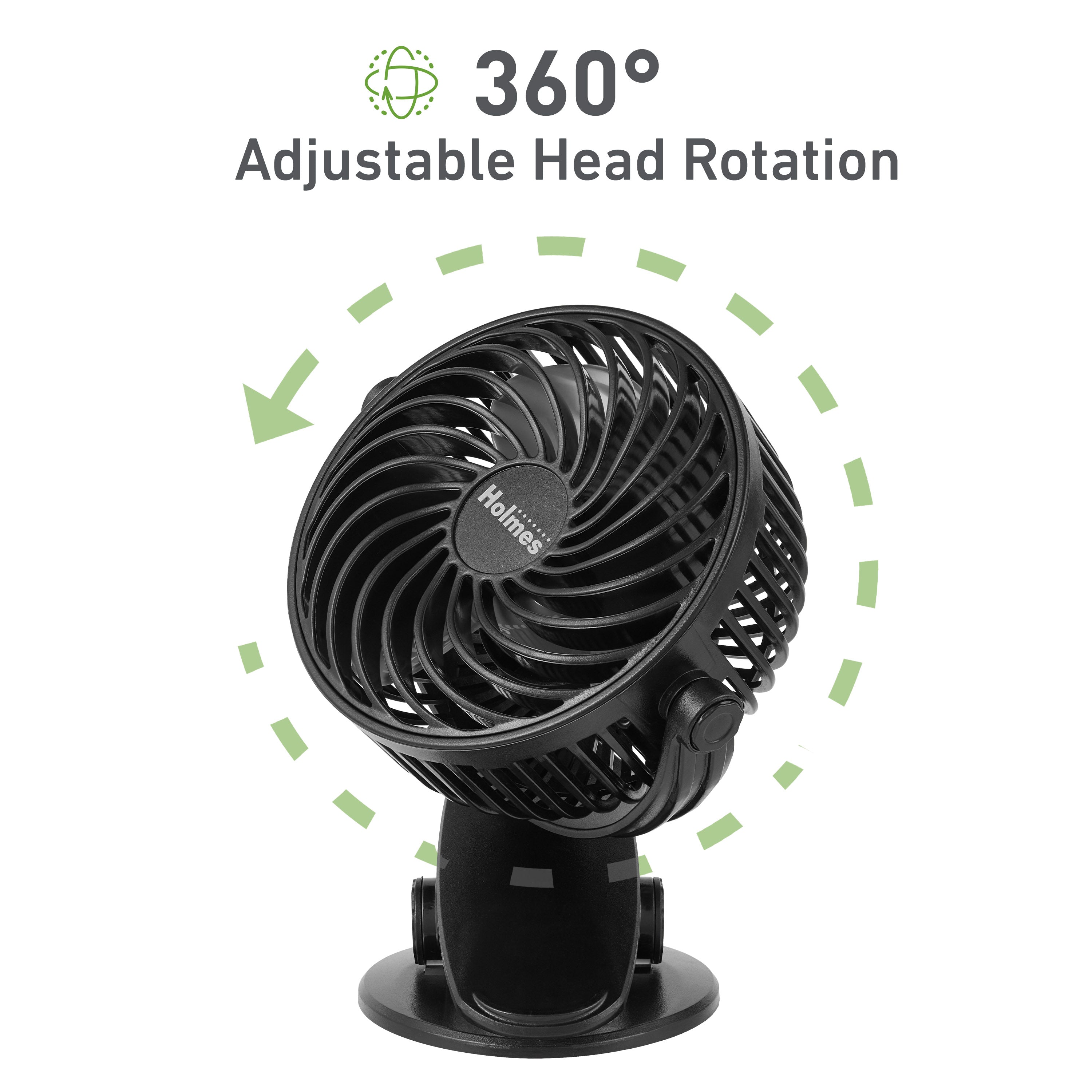 Holmes 4” Rechargeable Clip Fan, 360° Tilt, Strong Airflow, USB, Long Battery, Black