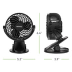 Holmes 4” Rechargeable Clip Fan, 360° Tilt, Strong Airflow, USB, Long Battery, Black