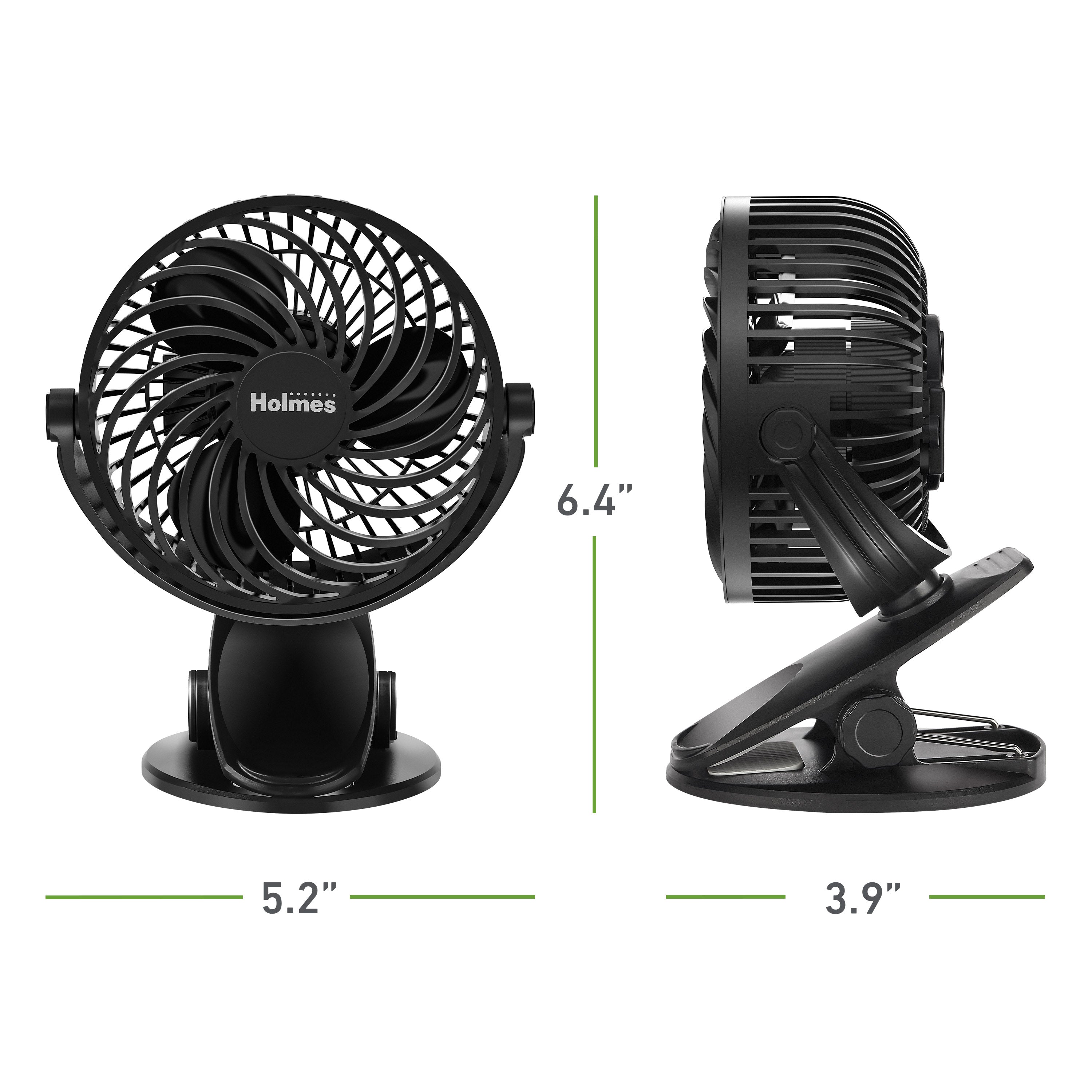 Holmes 4” Rechargeable Clip Fan, 360° Tilt, Strong Airflow, USB, Long Battery, Black