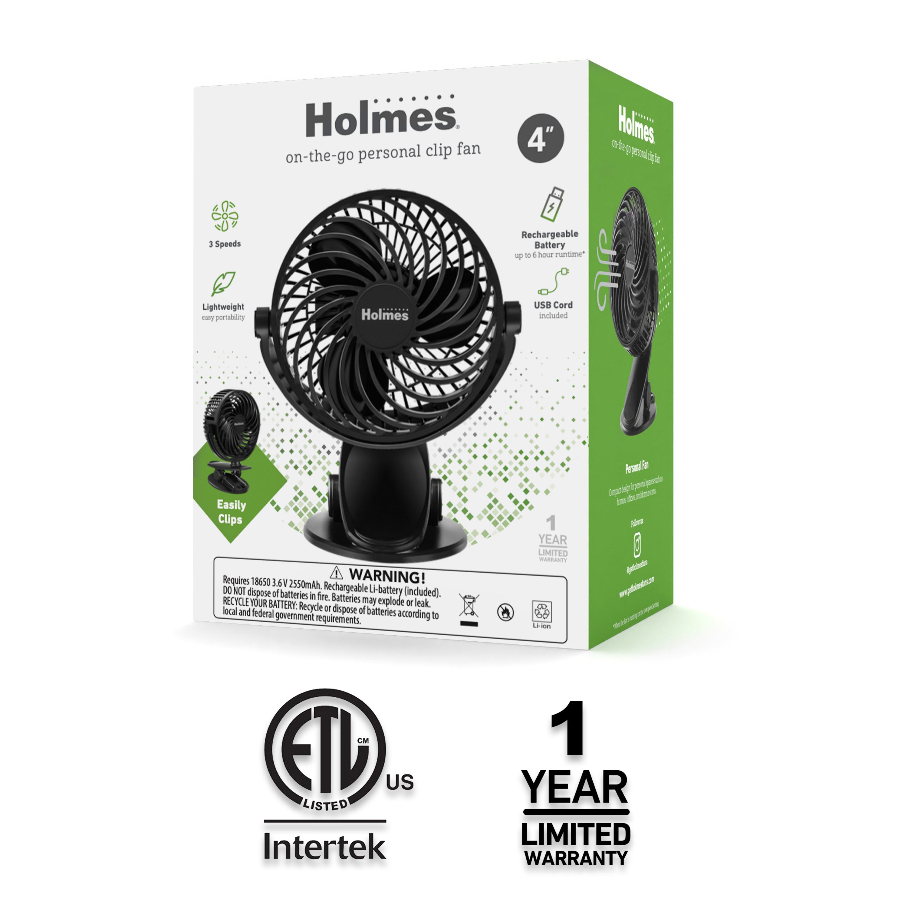 Holmes 4” Rechargeable Clip Fan, 360° Tilt, Strong Airflow, USB, Long Battery, Black