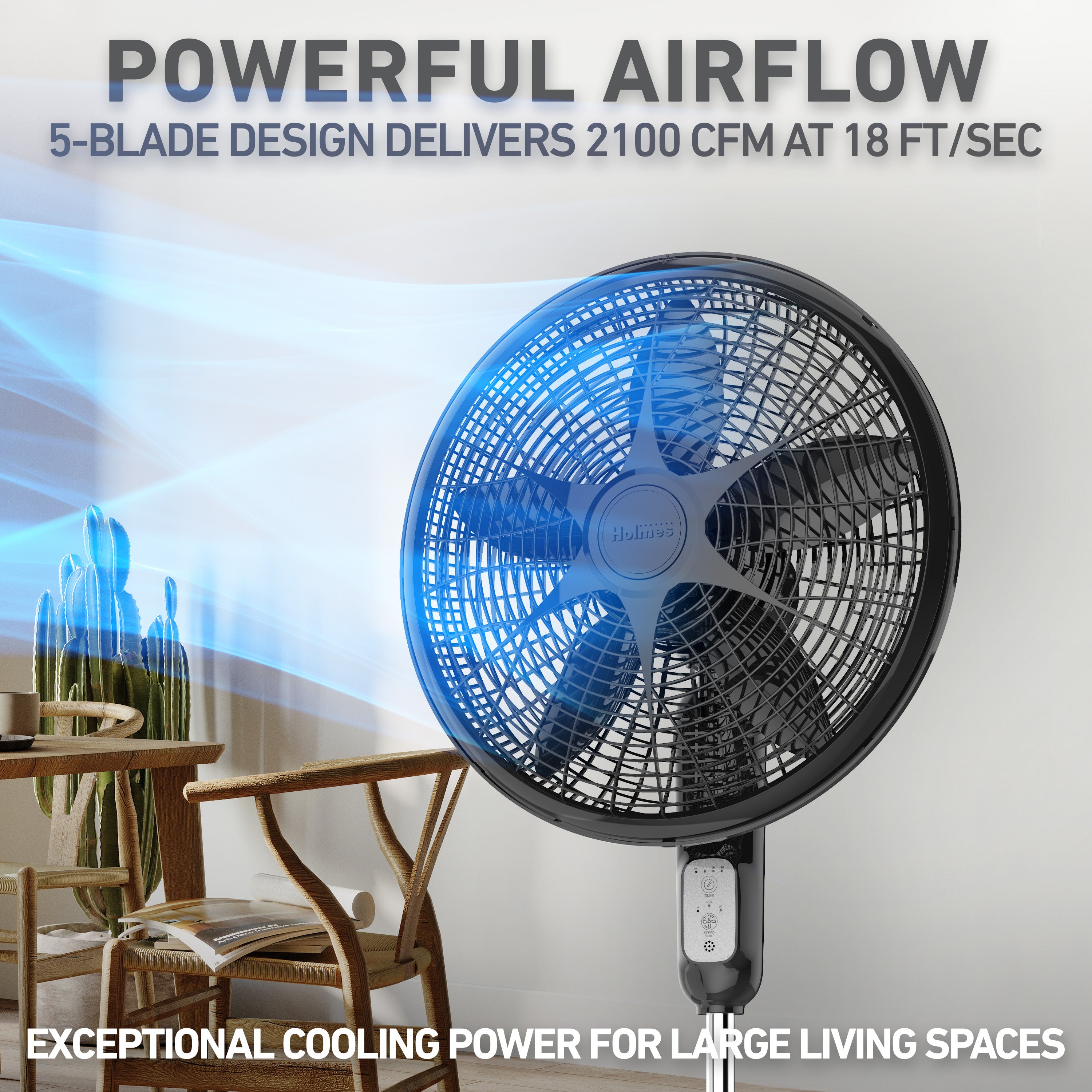 Holmes 18” Digital Stand Fan – 3-Speed, Adjustable Head Tilt, 75° Oscillation, 7.5-Hour Timer, Remote Control