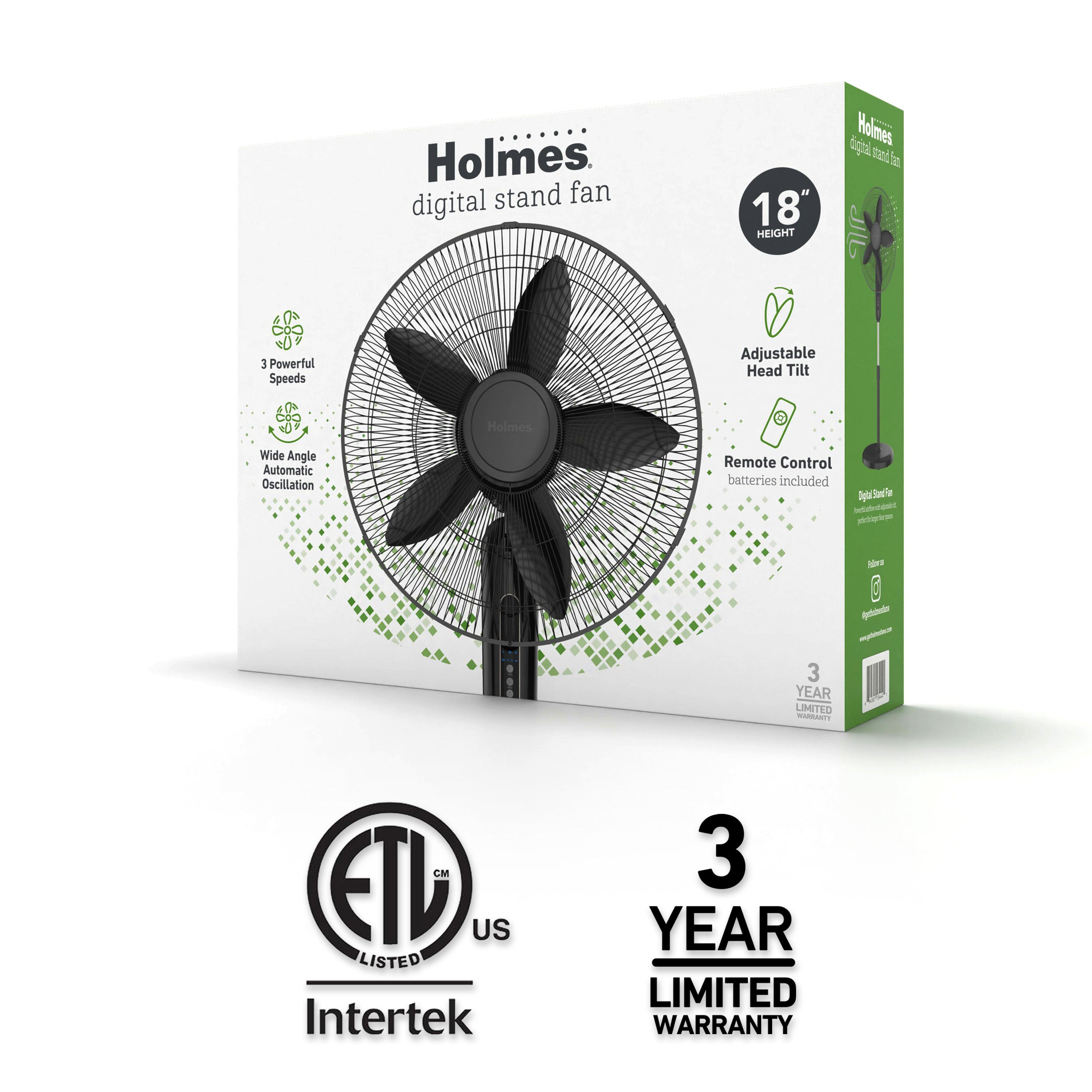 Holmes 18 Inch Oscillating Stand Fan 3 Speed Powerful Airflow Adjustable Height 30 Degree Tilt Wide Angle