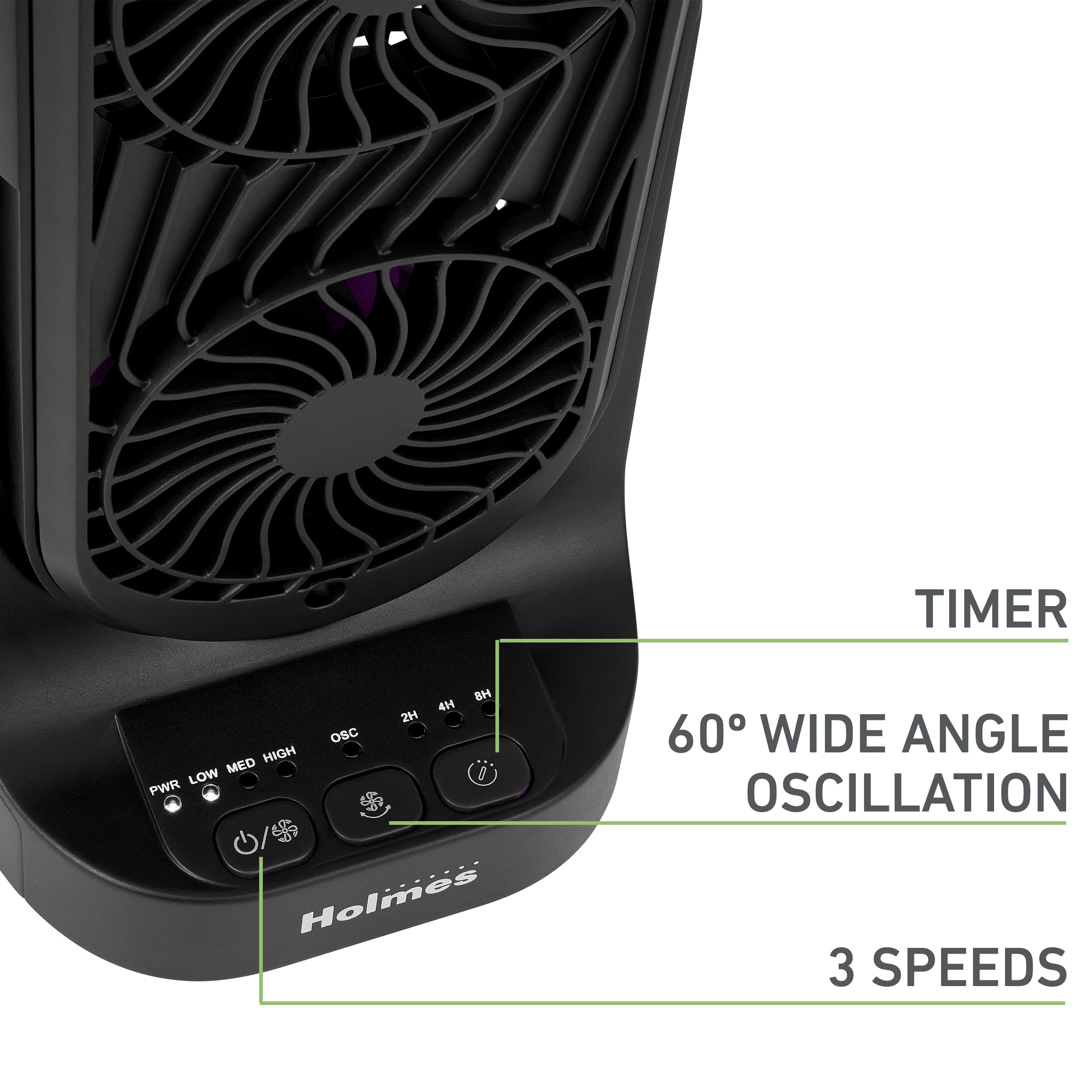 Holmes DuoBreeze 13” Desk Fan – with CleanBreeze, Adjustable Tilt, 3 Speeds, 8-Hour Timer, Black