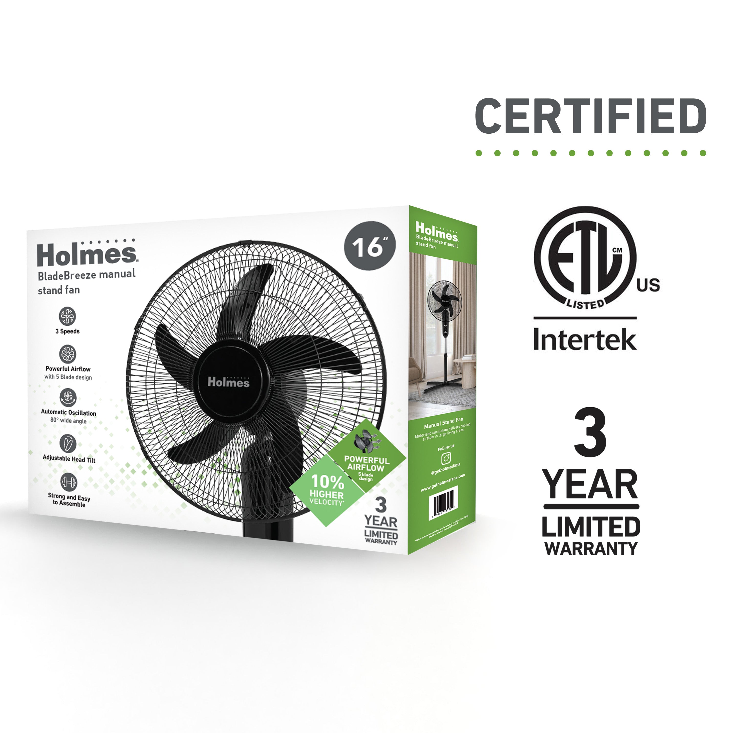 Holmes 16” BladeBreeze Manual Stand Fan Oscillation Tilt
