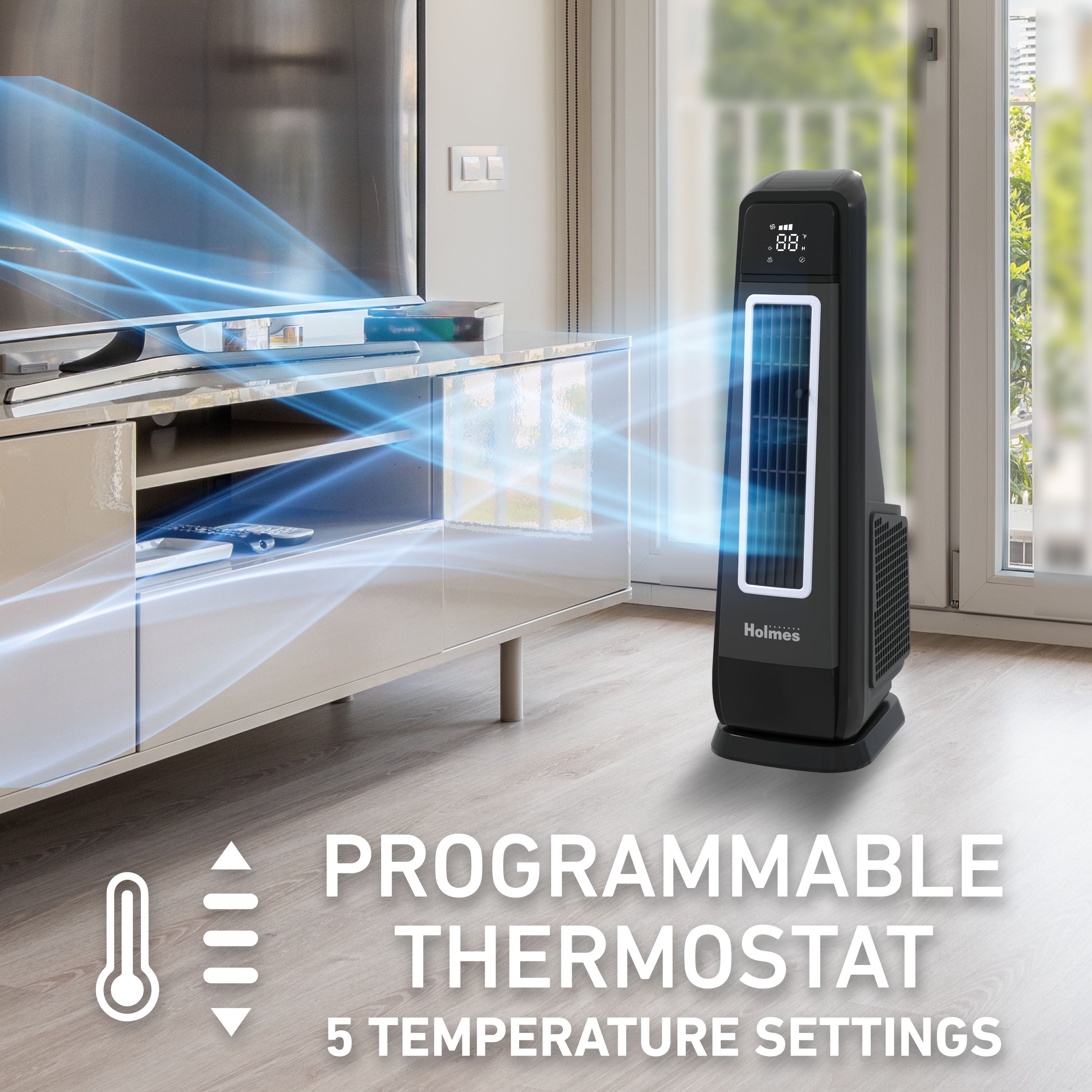 Holmes 30” ExtremeBreeze High Velocity Tower Fan with Programmable Thermostat and 3 Speeds, Black