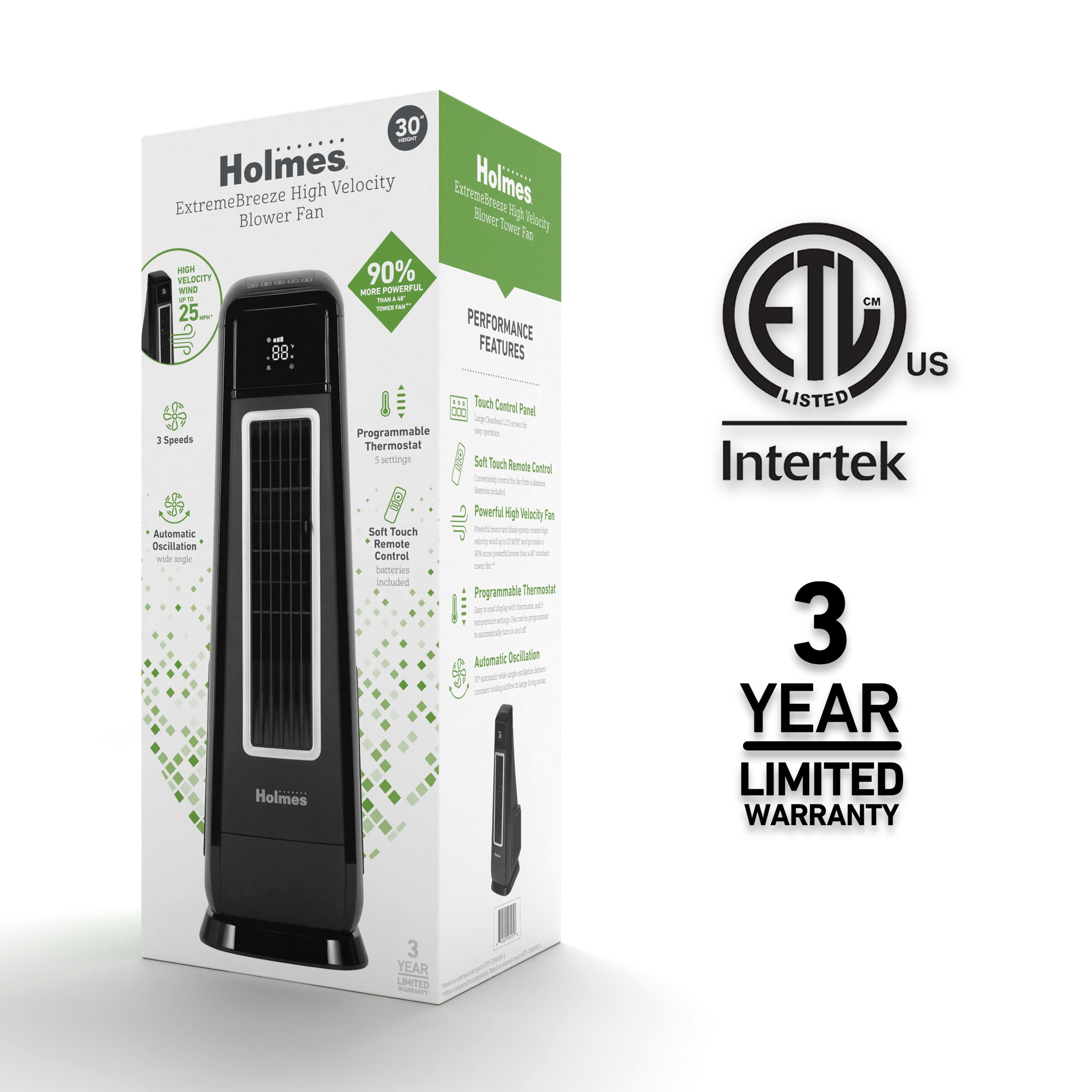 Holmes 30” ExtremeBreeze High Velocity Tower Fan with Programmable Thermostat and 3 Speeds, Black