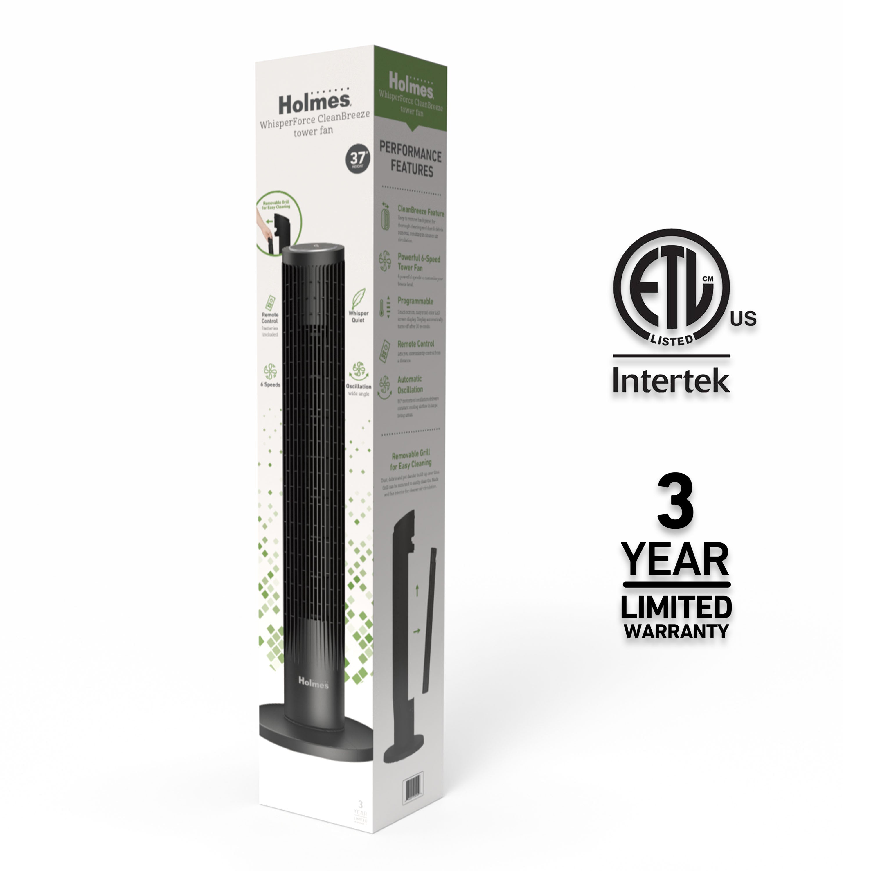 Holmes 37” WhisperForce CleanBreeze Tower Fan Remote Black