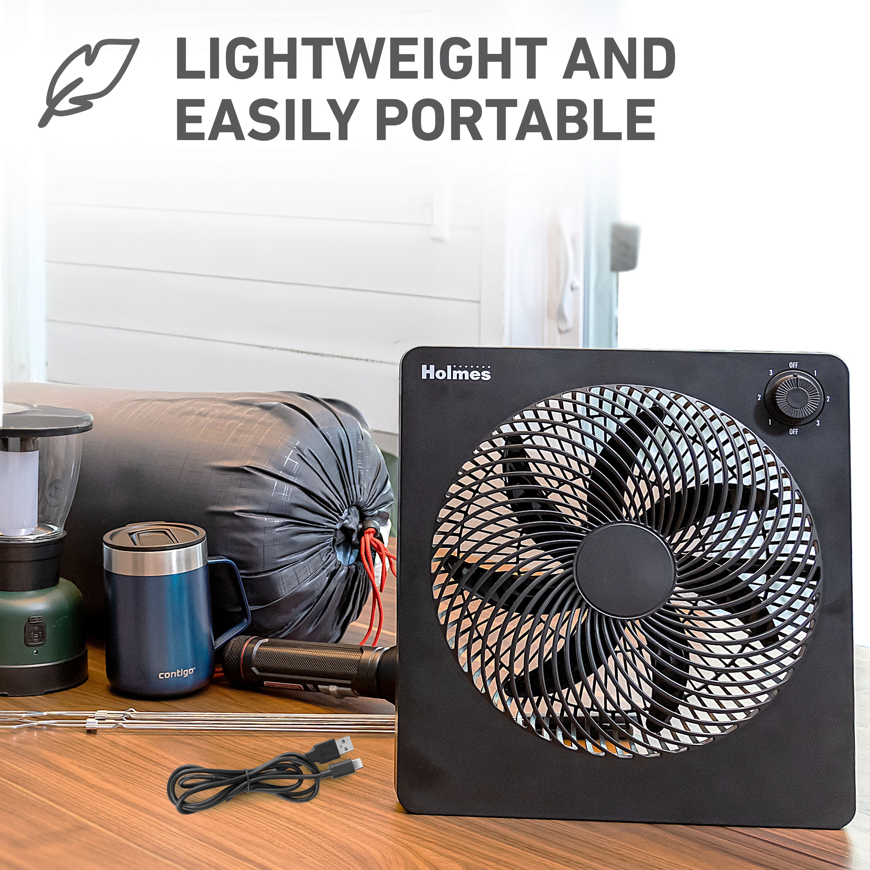 Holmes 10” Rechargeable Personal Fan – 3 Speeds, Portable, 60° Oscillation, 8-Hour Timer, USB Charging