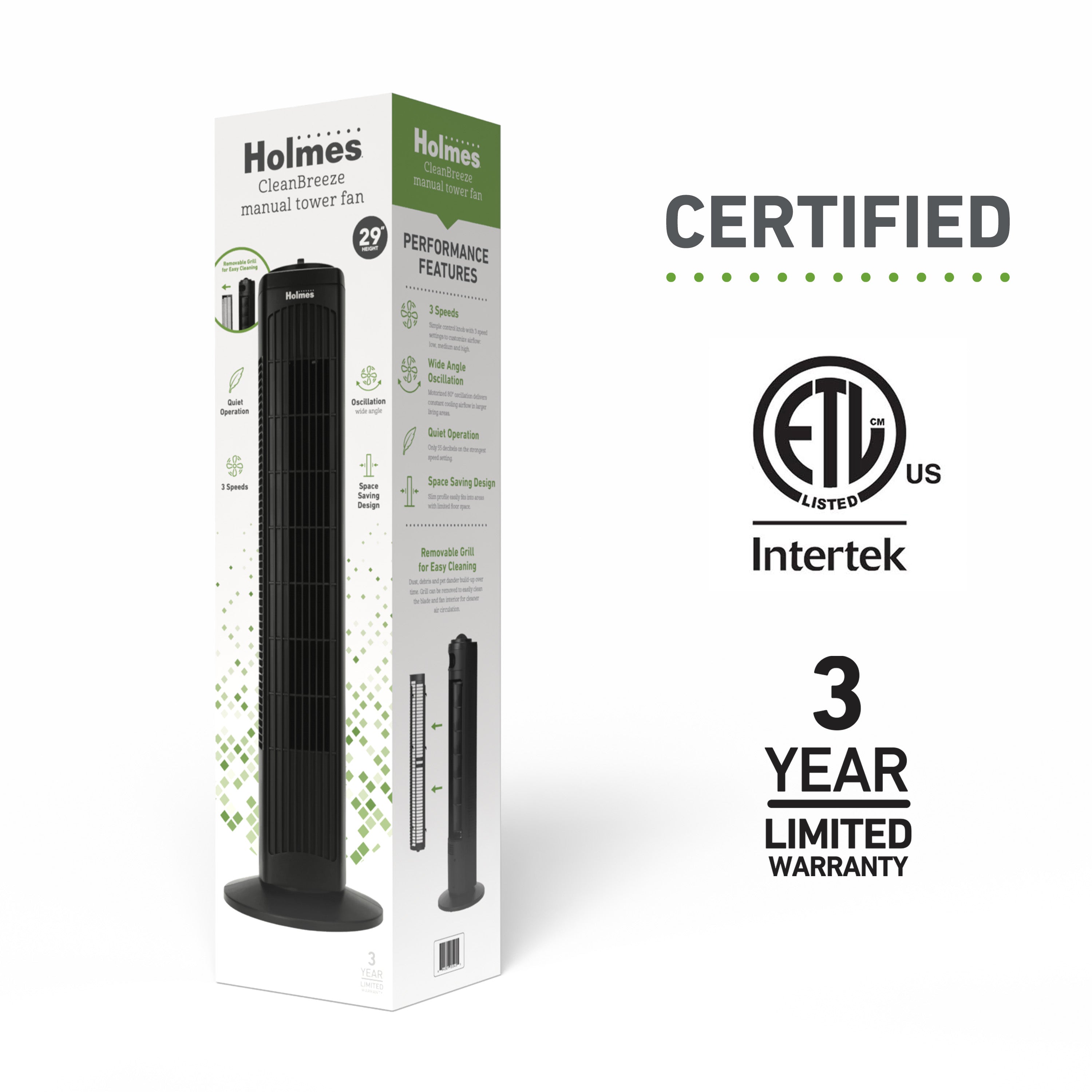 Holmes 29” Manual CleanBreeze Tower Fan 3 Speeds Oscillating Black