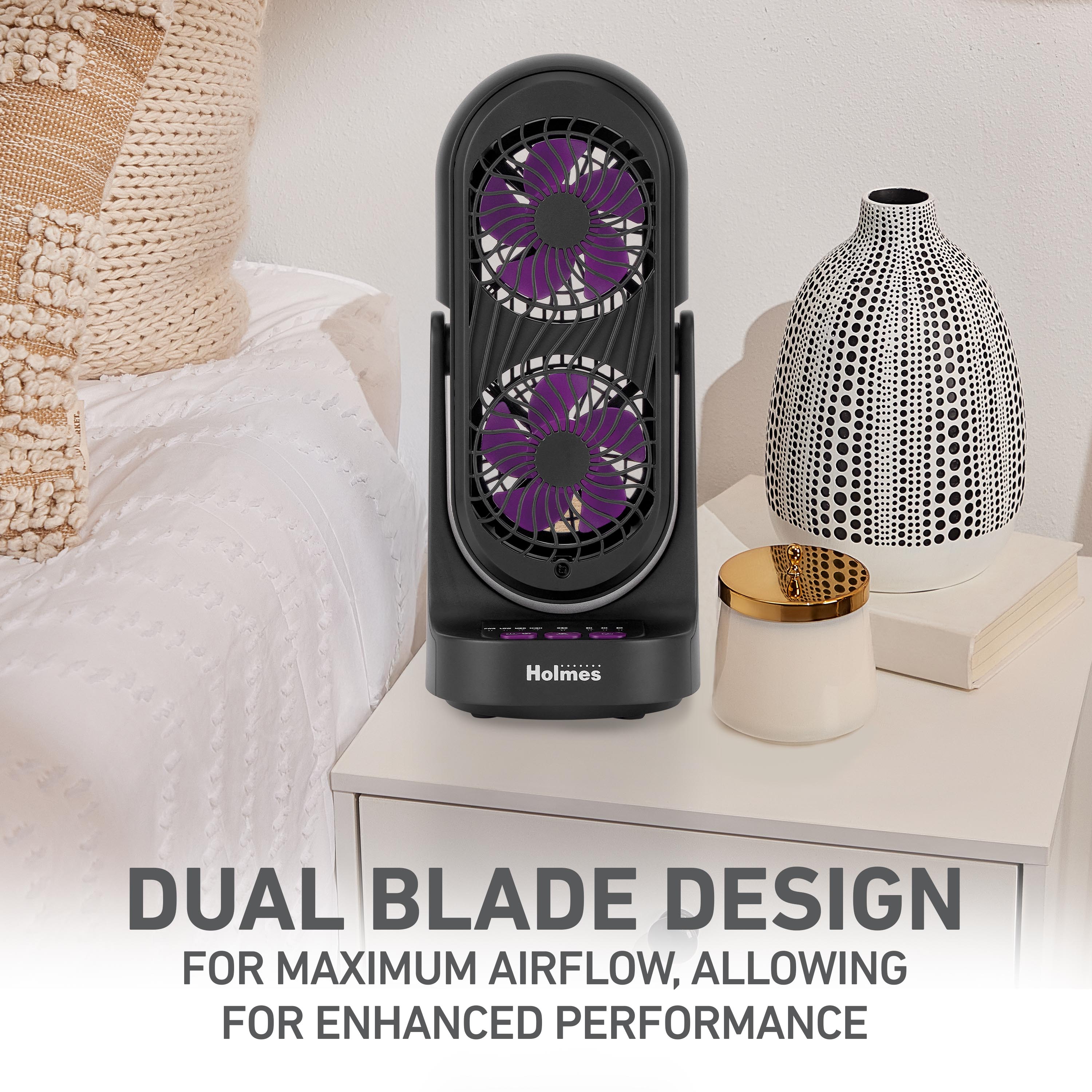 Holmes 13" DuoBreeze Desk Fan, Dual Blade, 3-Speed, Timer, CleanBreeze, Purple/Black
