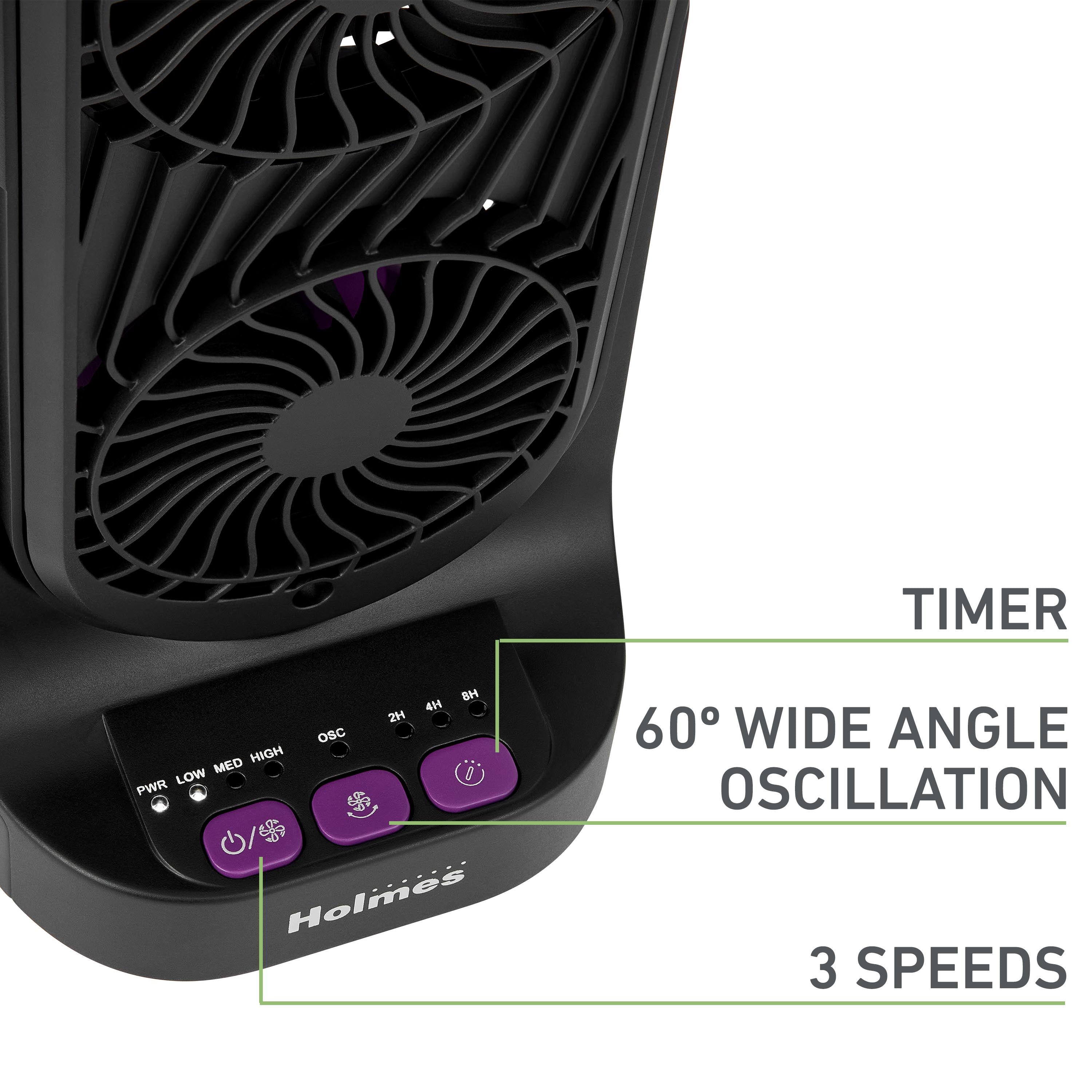 Holmes 13" DuoBreeze Desk Fan, Dual Blade, 3-Speed, Timer, CleanBreeze, Purple/Black