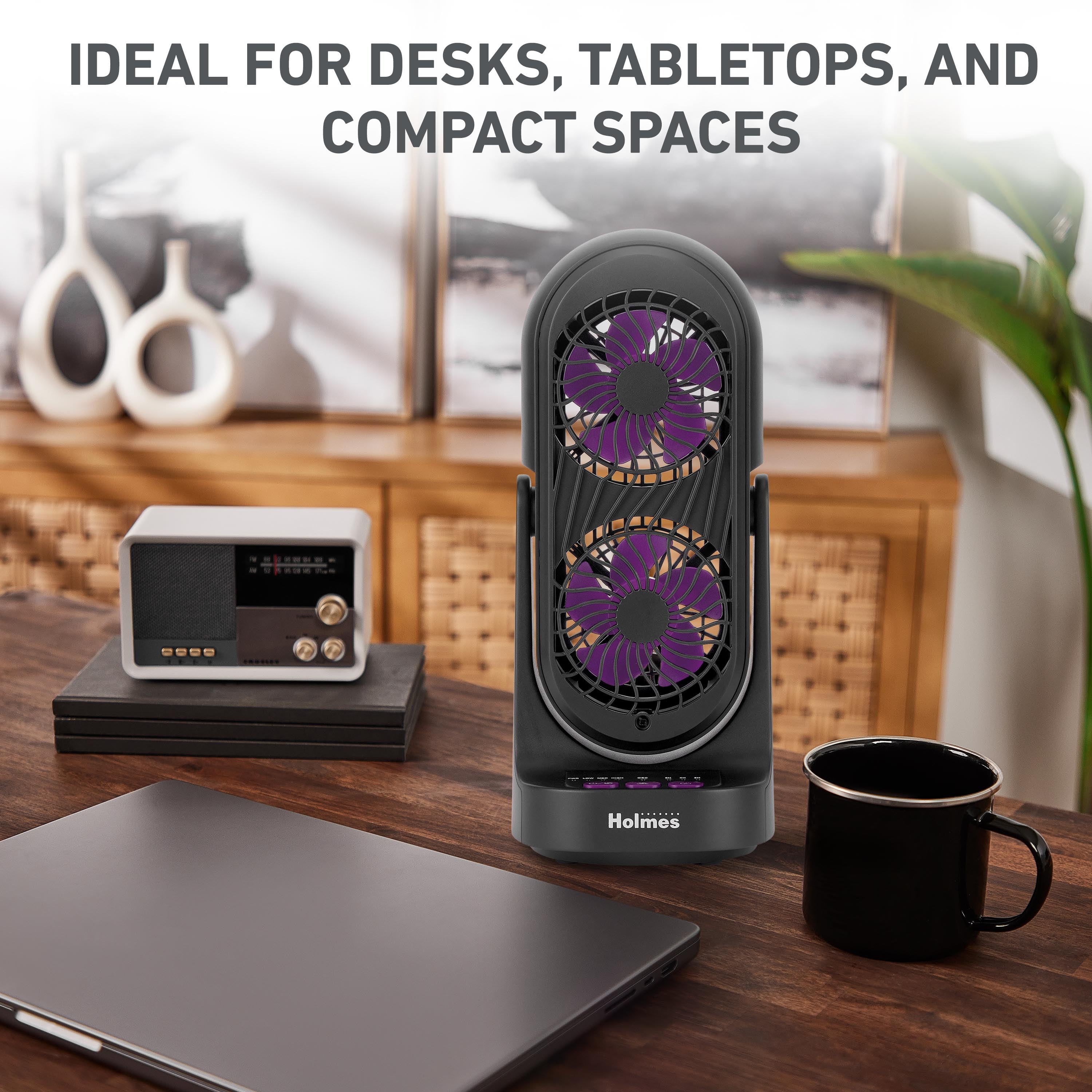 Holmes 13" DuoBreeze Desk Fan, Dual Blade, 3-Speed, Timer, CleanBreeze, Purple/Black