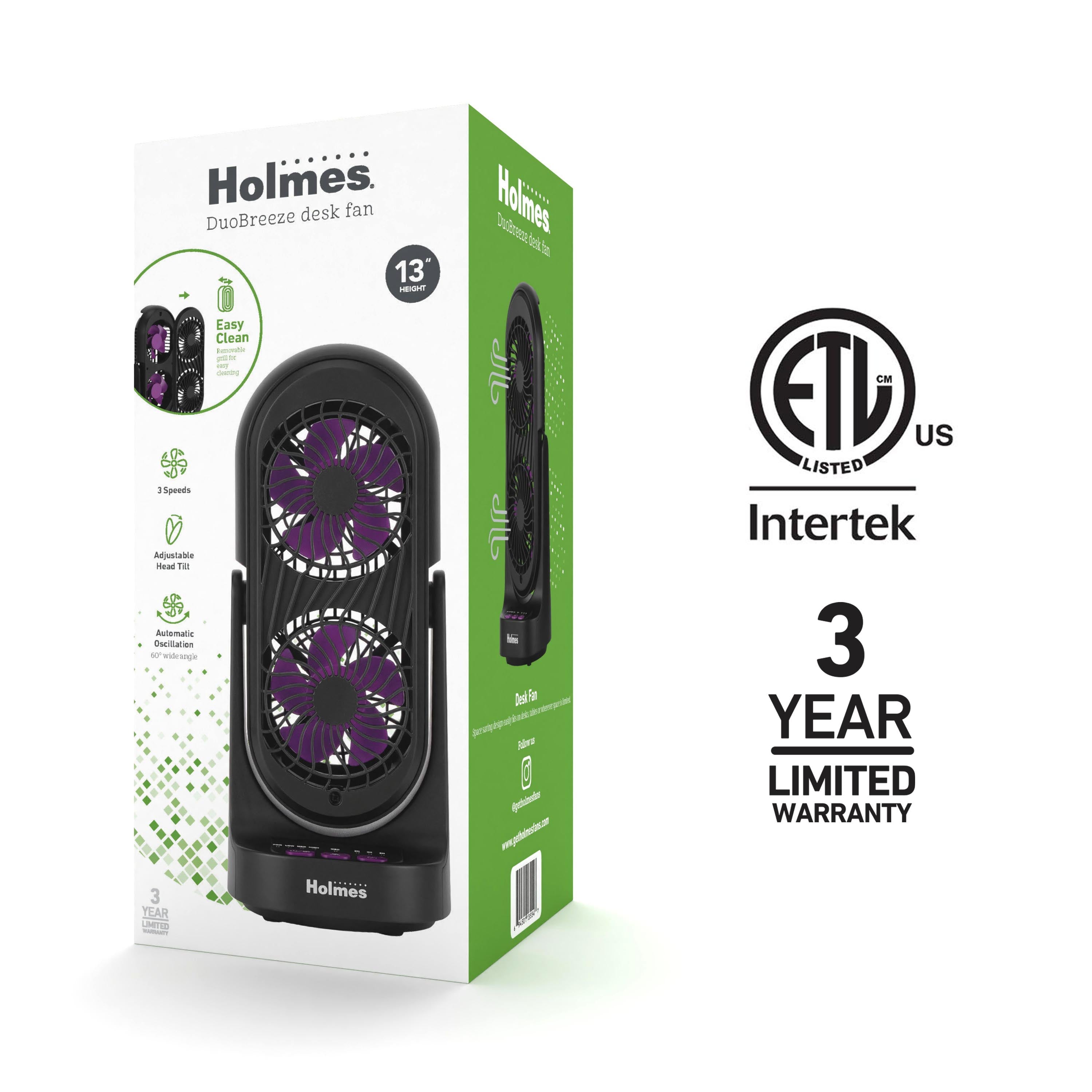 Holmes 13" DuoBreeze Desk Fan, Dual Blade, 3-Speed, Timer, CleanBreeze, Purple/Black