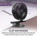 Holmes 4" Rechargeable Clip Fan, 360° Tilt , Strong Airflow, USB, Purple/Black