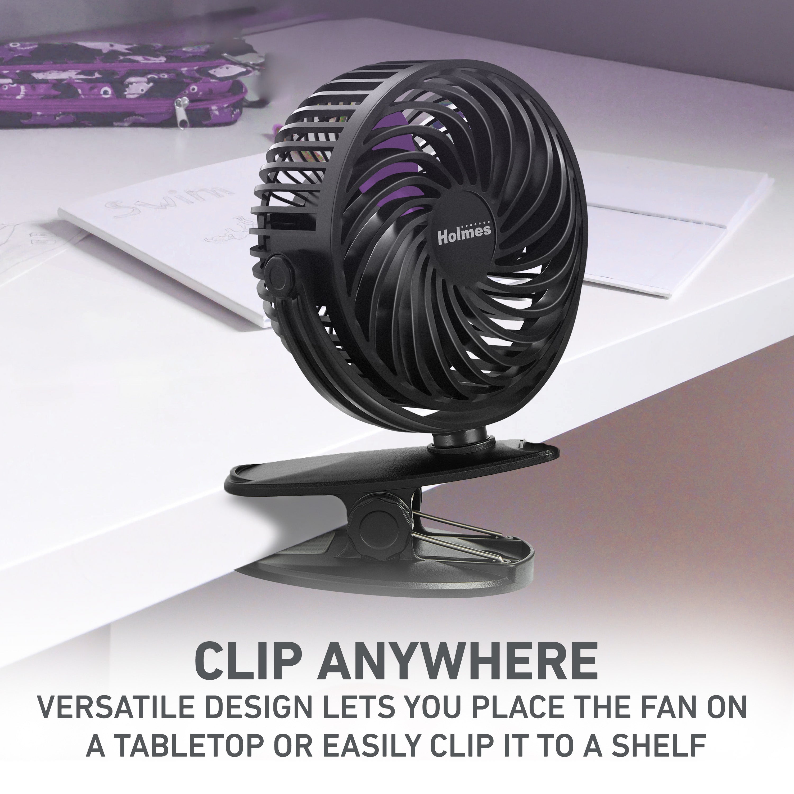 Holmes 4" Rechargeable Clip Fan, 360° Tilt , Strong Airflow, USB, Purple/Black