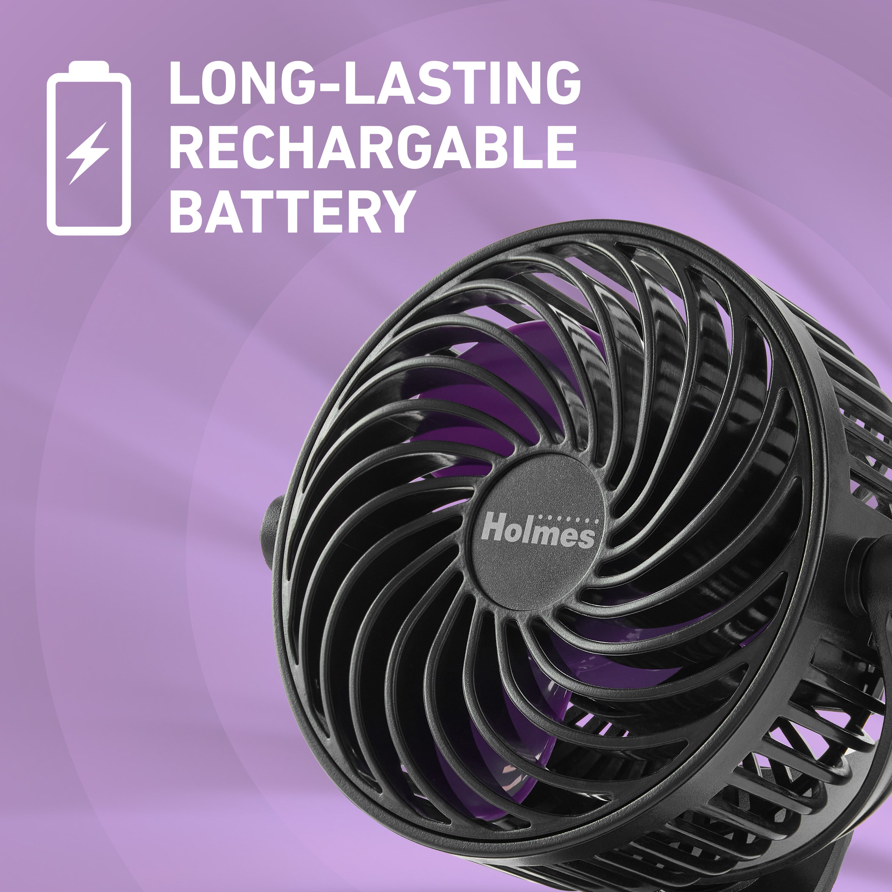 Holmes 4" Rechargeable Clip Fan, 360° Tilt , Strong Airflow, USB, Purple/Black