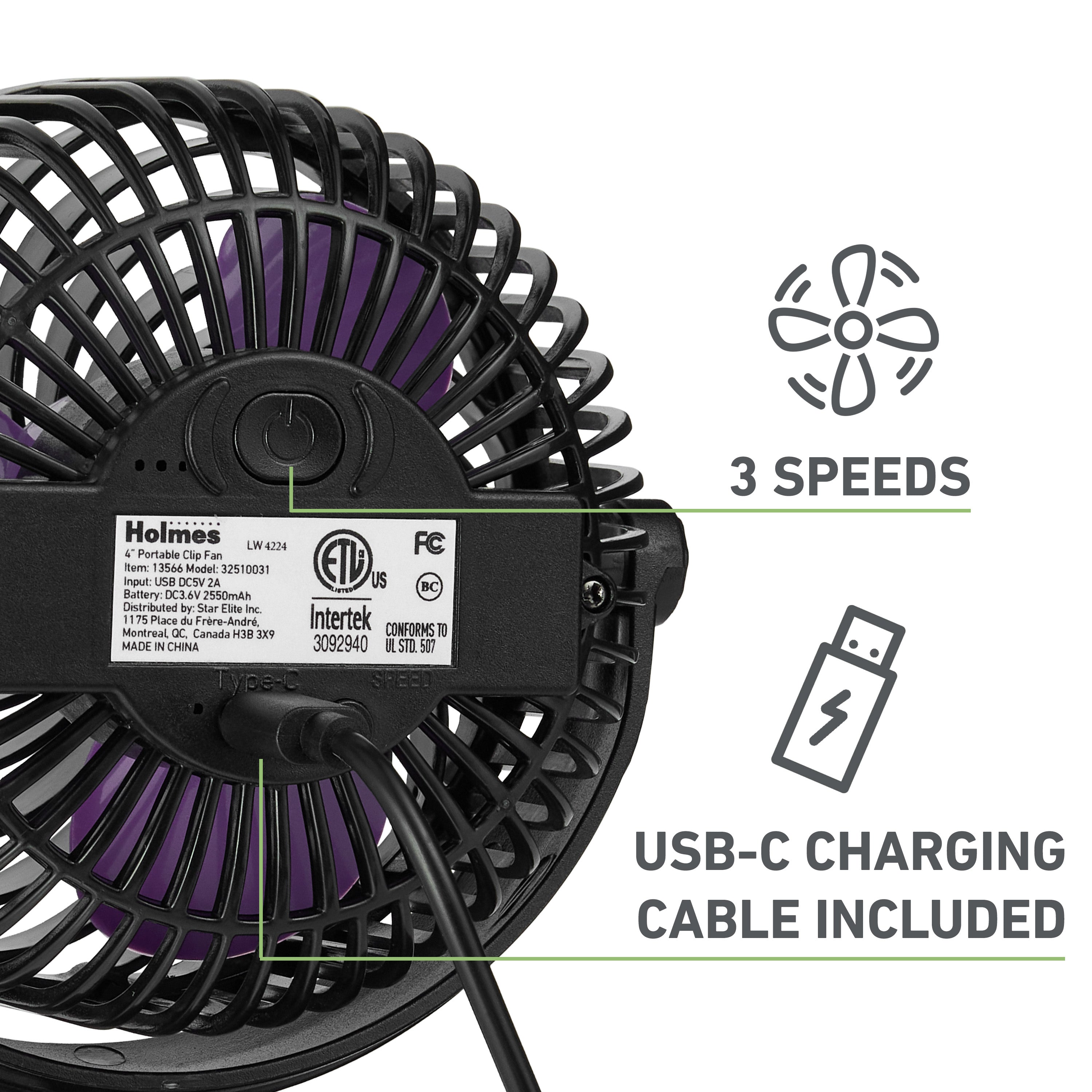 Holmes 4" Rechargeable Clip Fan, 360° Tilt , Strong Airflow, USB, Purple/Black