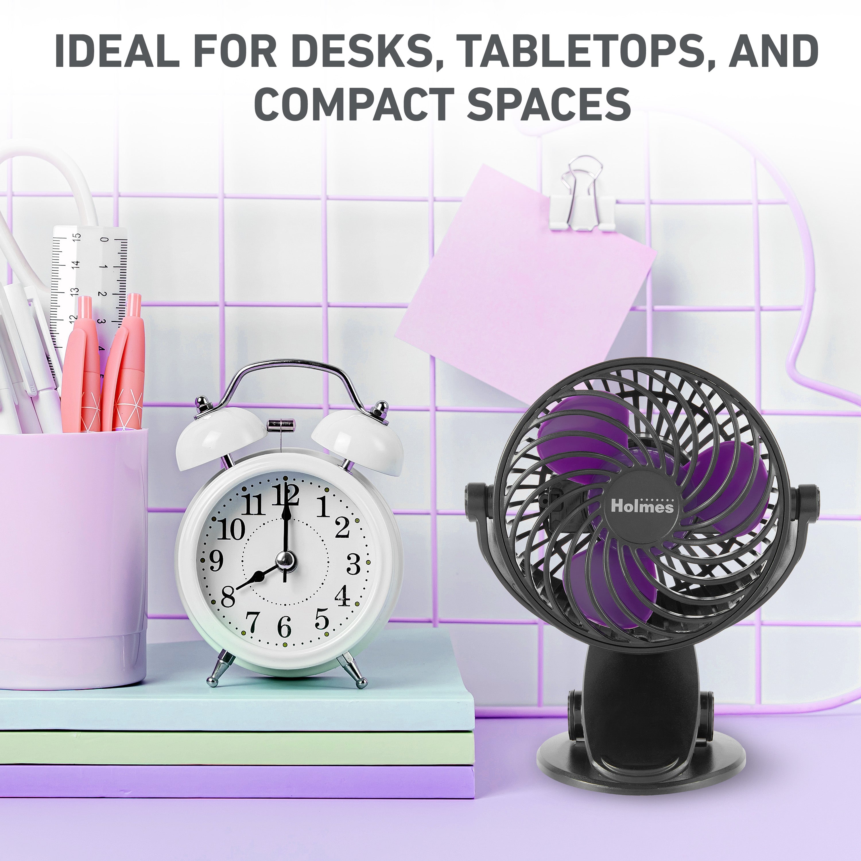 Holmes 4" Rechargeable Clip Fan, 360° Tilt , Strong Airflow, USB, Purple/Black