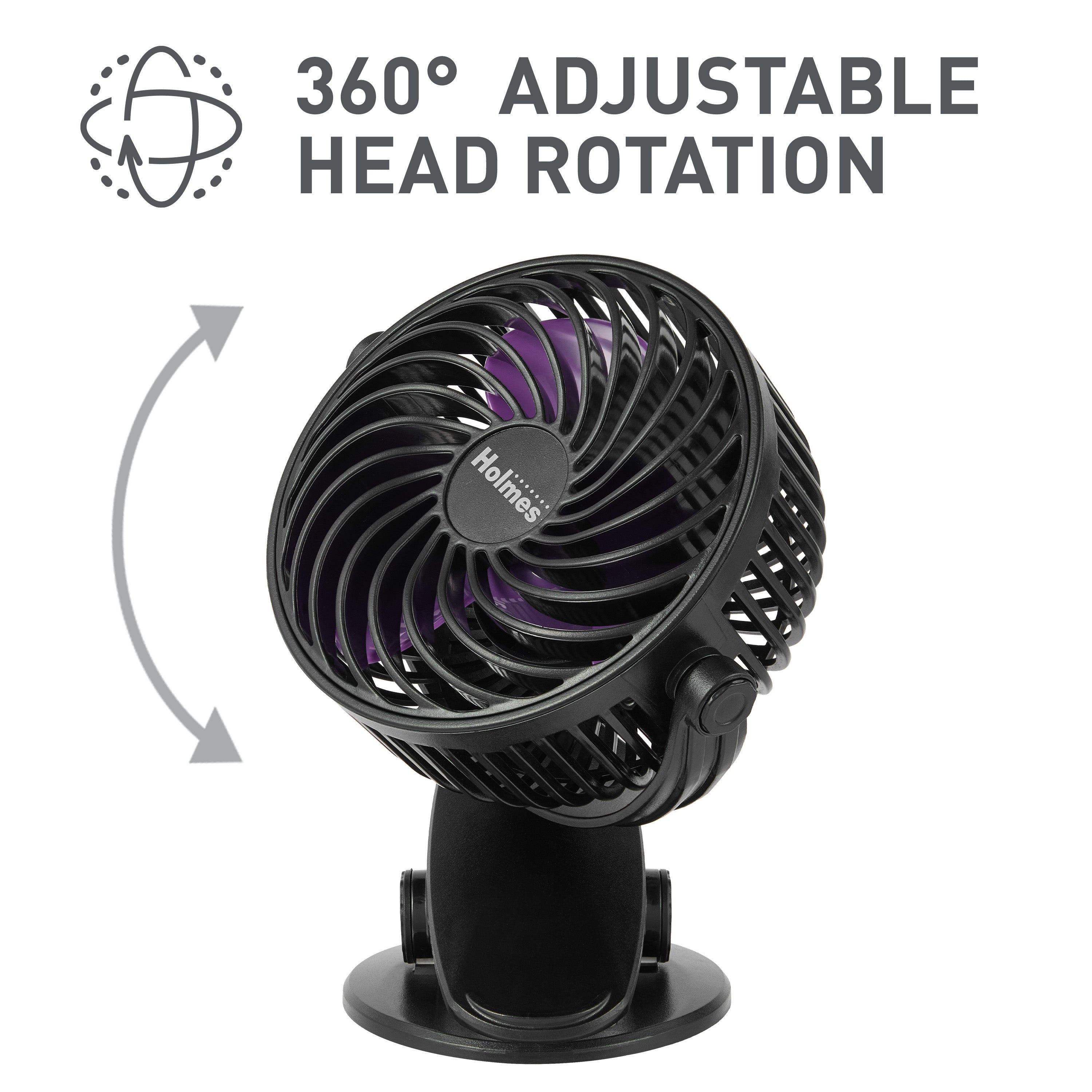 Holmes 4" Rechargeable Clip Fan, 360° Tilt , Strong Airflow, USB, Purple/Black