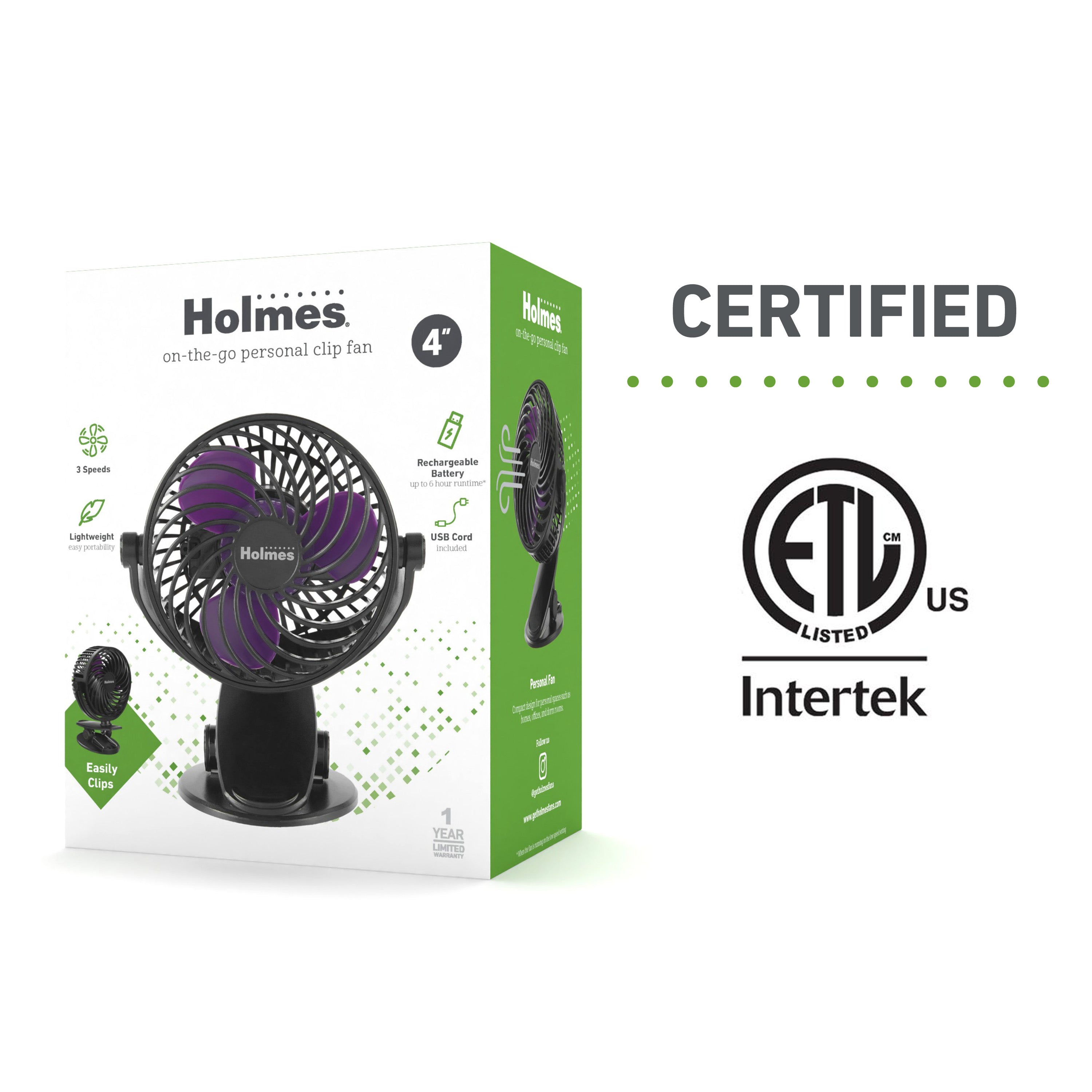 Holmes 4" Rechargeable Clip Fan, 360° Tilt , Strong Airflow, USB, Purple/Black