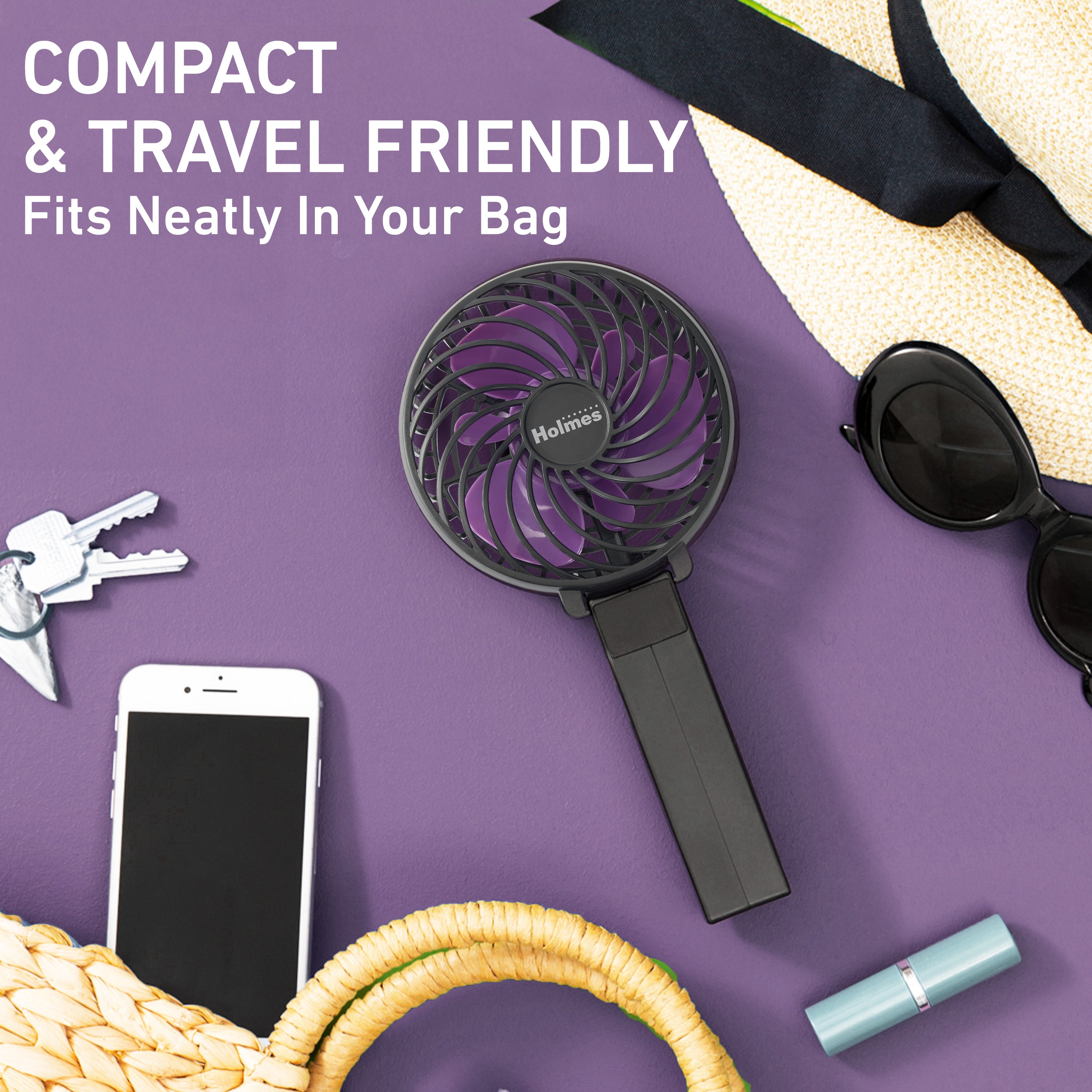 Holmes 4" Rechargeable Handheld Fan, 3-Speed, USB-C, Adjustable Tilt, Purple/Black