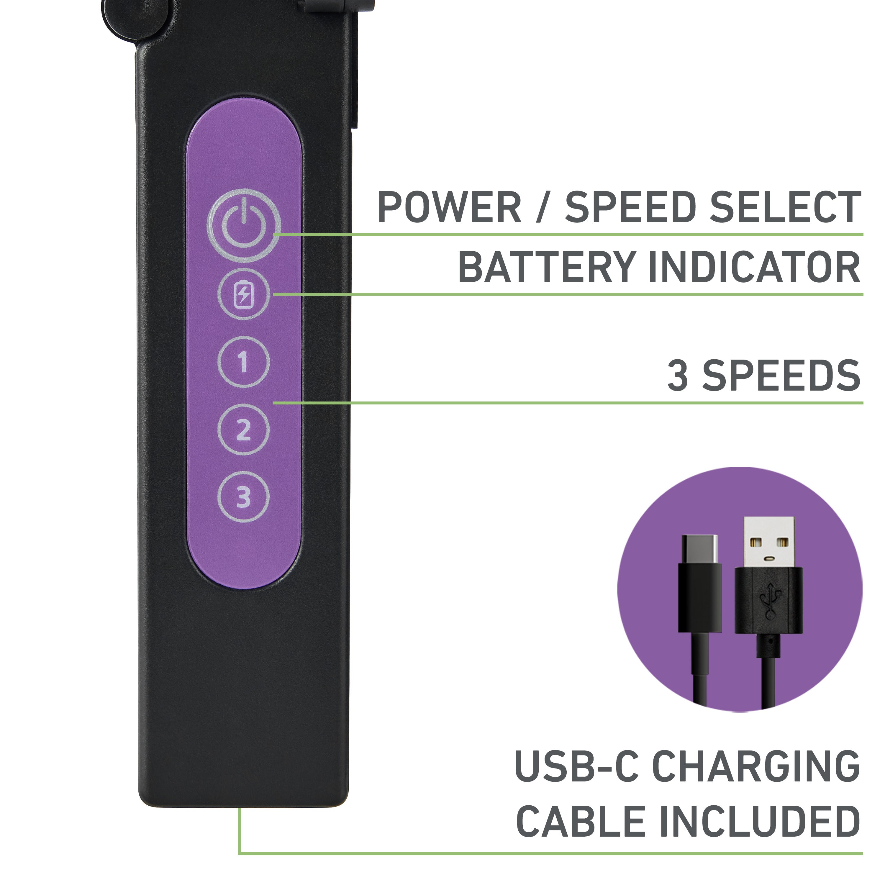 Holmes 4" Rechargeable Handheld Fan, 3-Speed, USB-C, Adjustable Tilt, Purple/Black