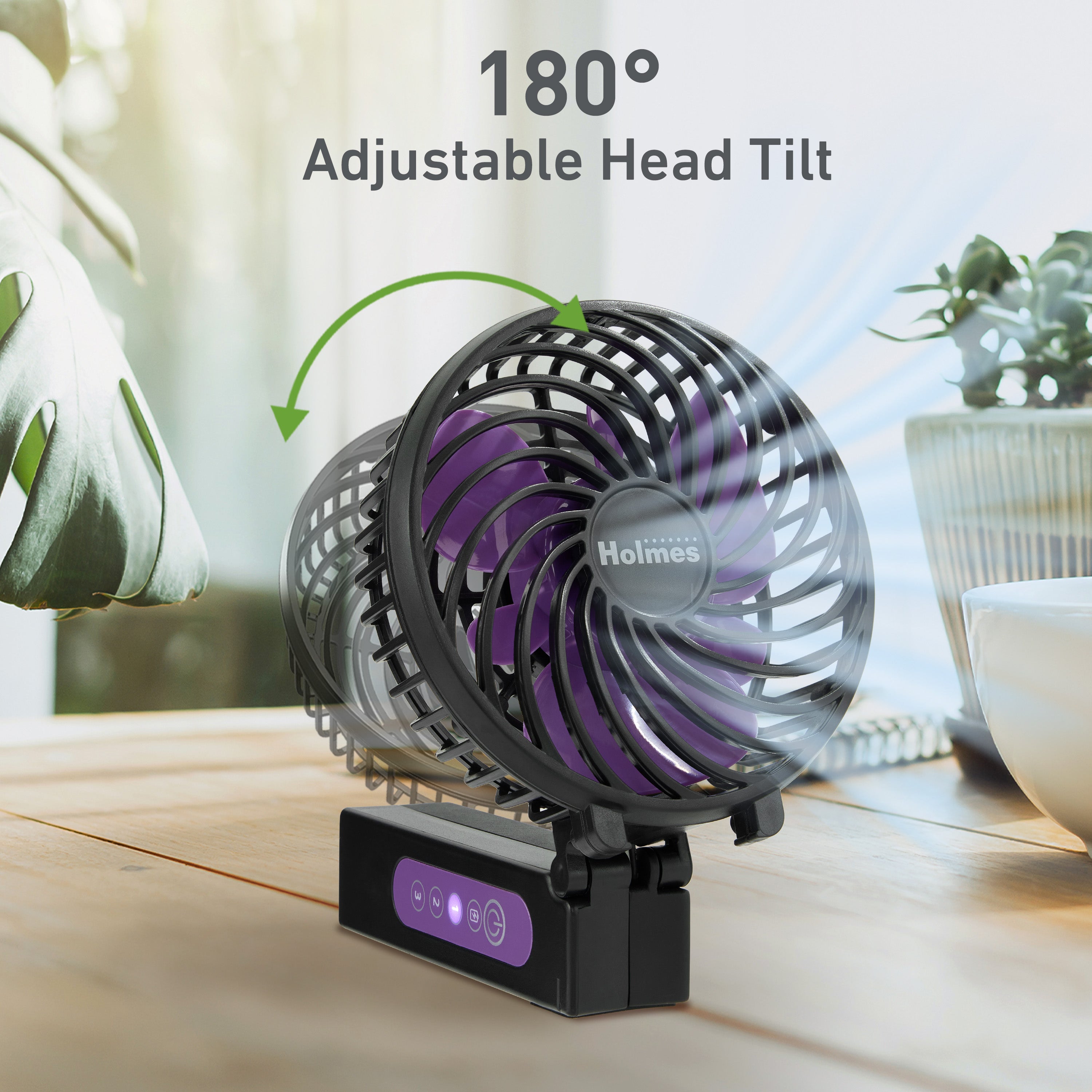 Holmes 4" Rechargeable Handheld Fan, 3-Speed, USB-C, Adjustable Tilt, Purple/Black