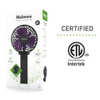 Holmes 4" Rechargeable Handheld Fan, 3-Speed, USB-C, Adjustable Tilt, Purple/Black
