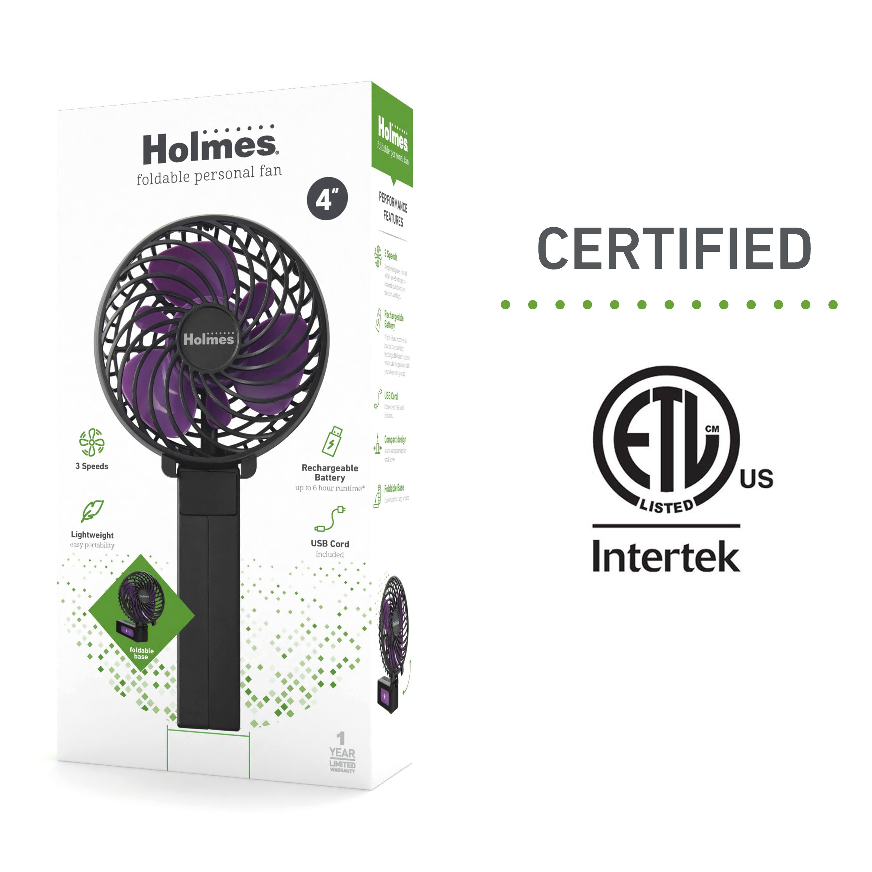 Holmes 4" Rechargeable Handheld Fan, 3-Speed, USB-C, Adjustable Tilt, Purple/Black