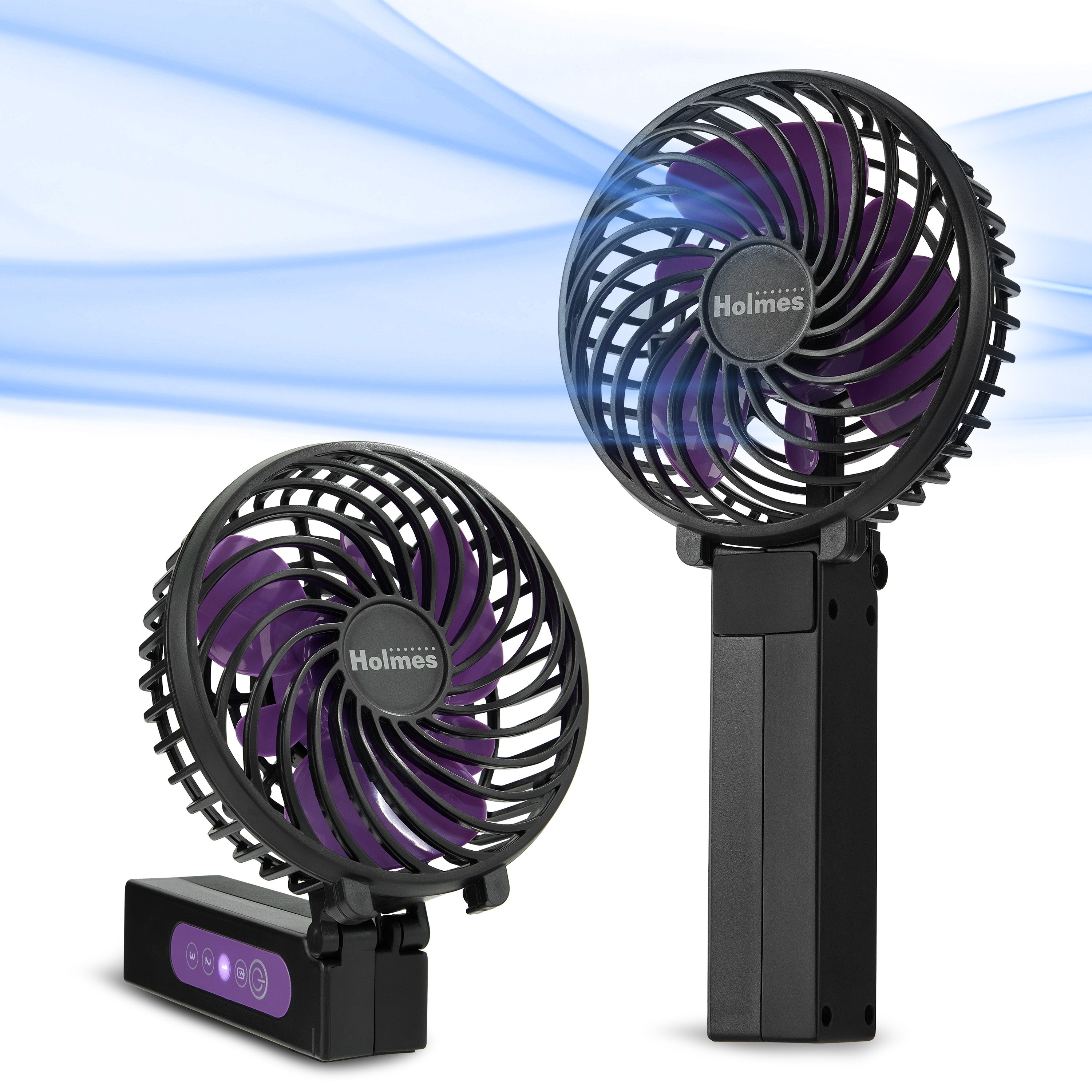 Holmes 4" Rechargeable Handheld Fan, 3-Speed, USB-C, Adjustable Tilt, Purple/Black