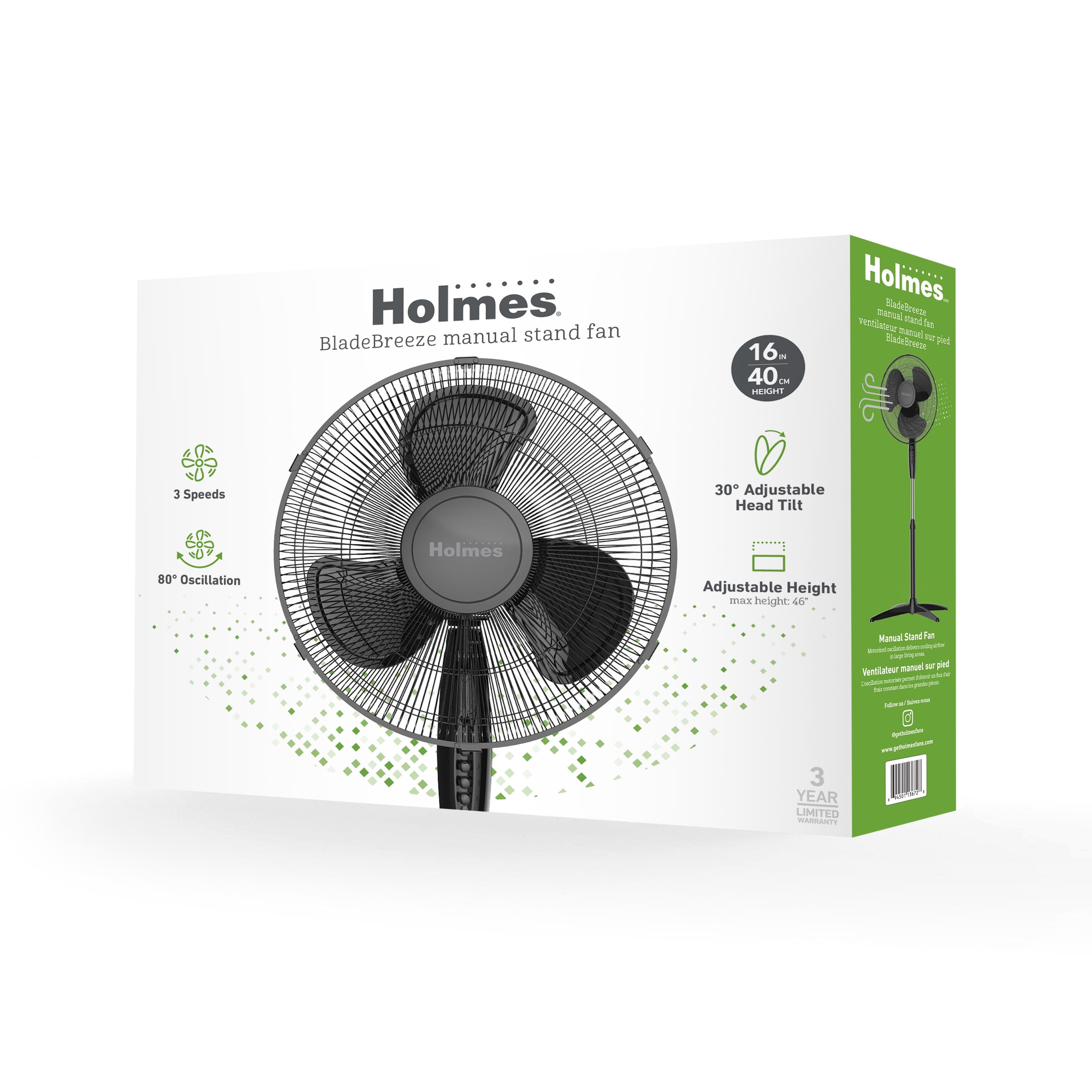 Holmes 16” BladeBreeze Manual Stand Fan with Adjustable Head Tilt, Wide-Angle Oscillation, 5 Blades, Black
