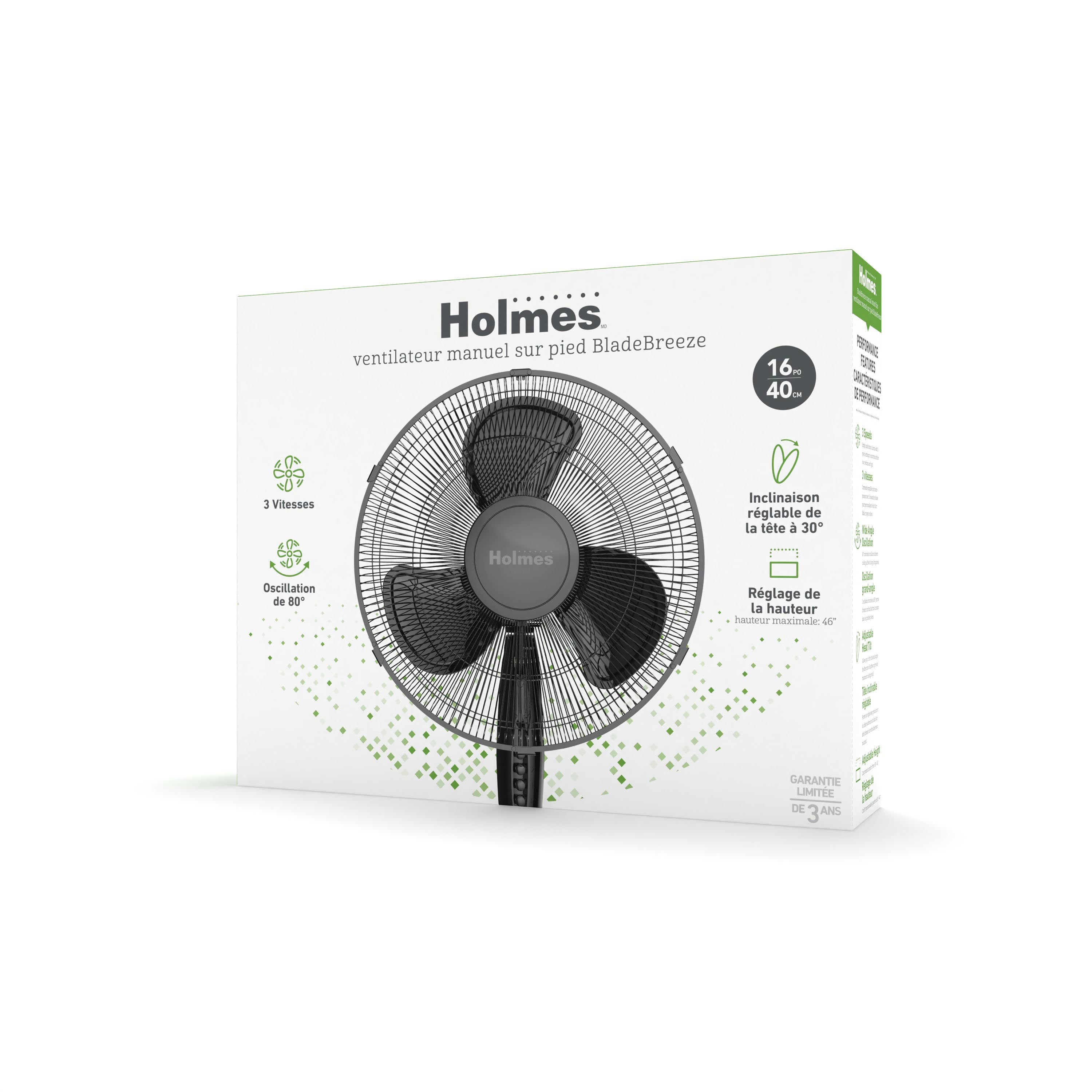 Holmes 16” BladeBreeze Manual Stand Fan with Adjustable Head Tilt, Wide-Angle Oscillation, 5 Blades, Black