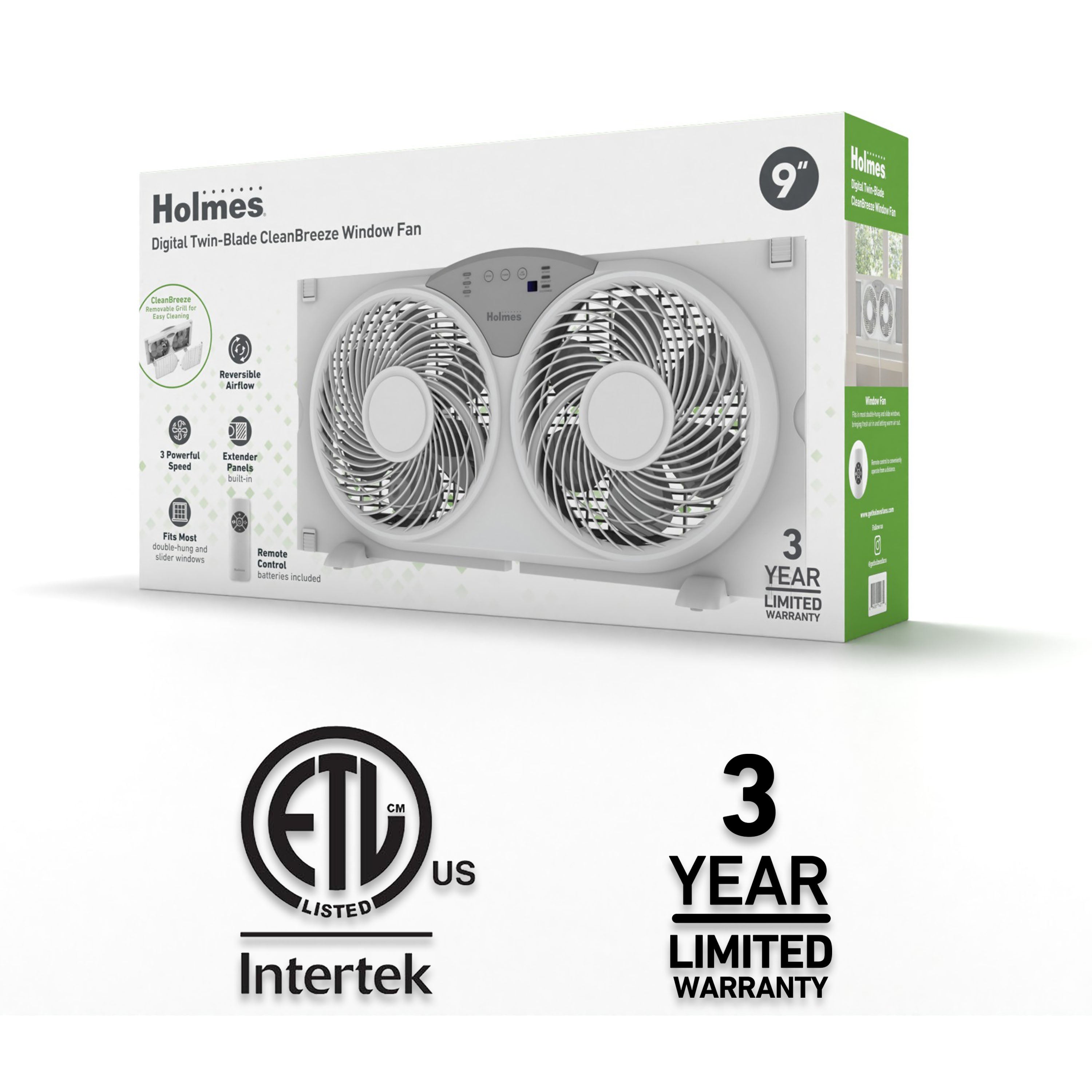 Holmes 9” Window Fan – CleanBreeze, 3 Speeds, Reversible Twin Blades, Remote, Adjustable Panels, White