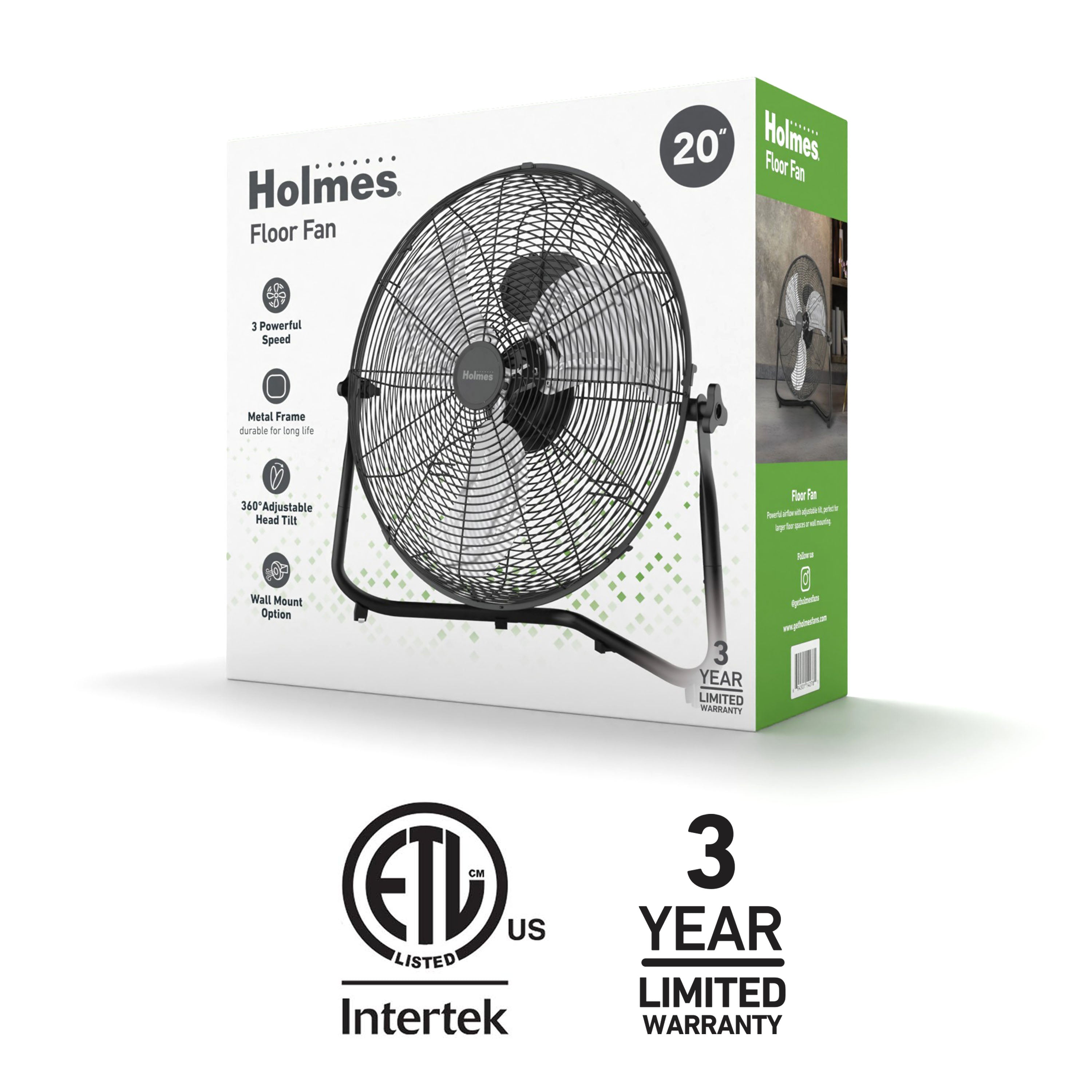 Holmes 20” Floor Fan – 3 Speeds, 360° Pivoting Head, Wall-Mountable, Durable Metal Blades, Black